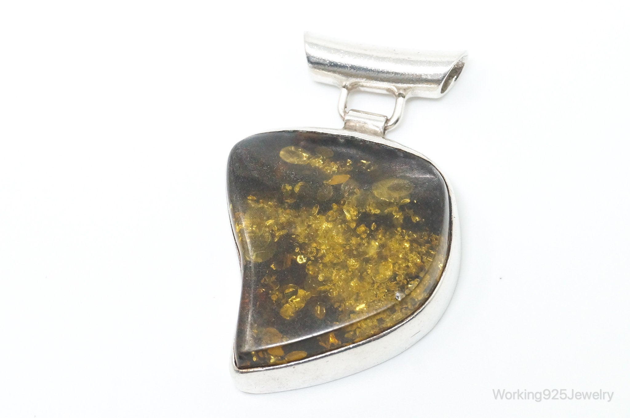 Large Vintage Amber Modernist Sterling Silver Necklace Pendant