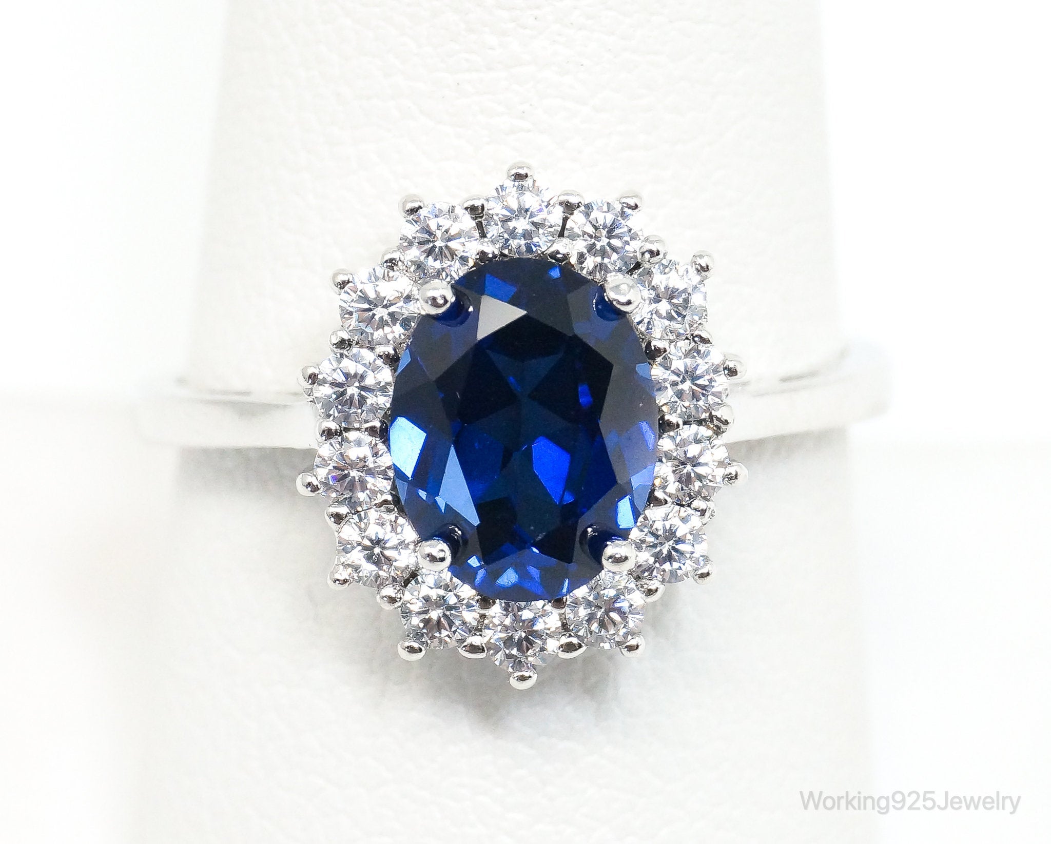 Vintage Art Deco Blue Lab Sapphire CZ Sterling Silver Ring - Size 9.25