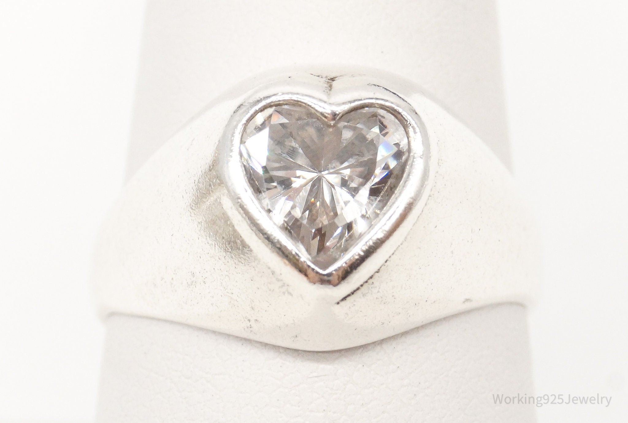 Vintage Cellini Large Heart Cubic Zirconia Sterling Silver Ring Size 8