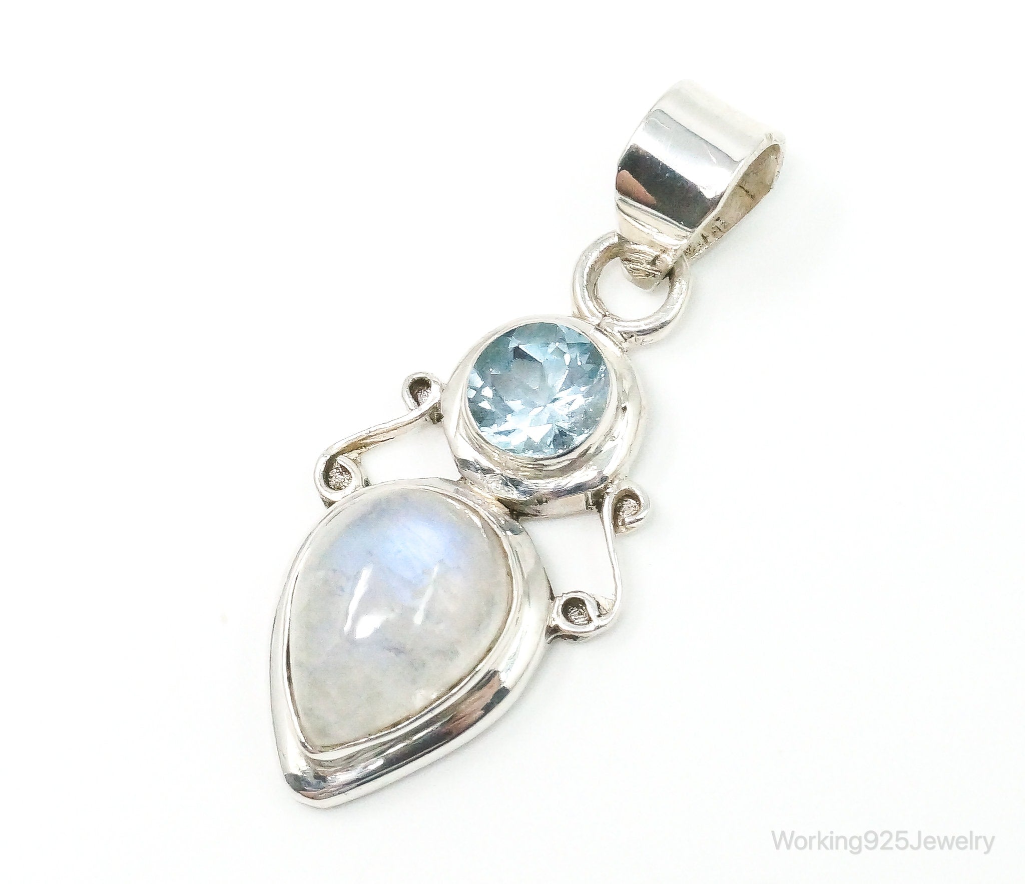 Large Designer Supreme Jewelers Blue Topaz Moonstone Sterling Necklace Pendant