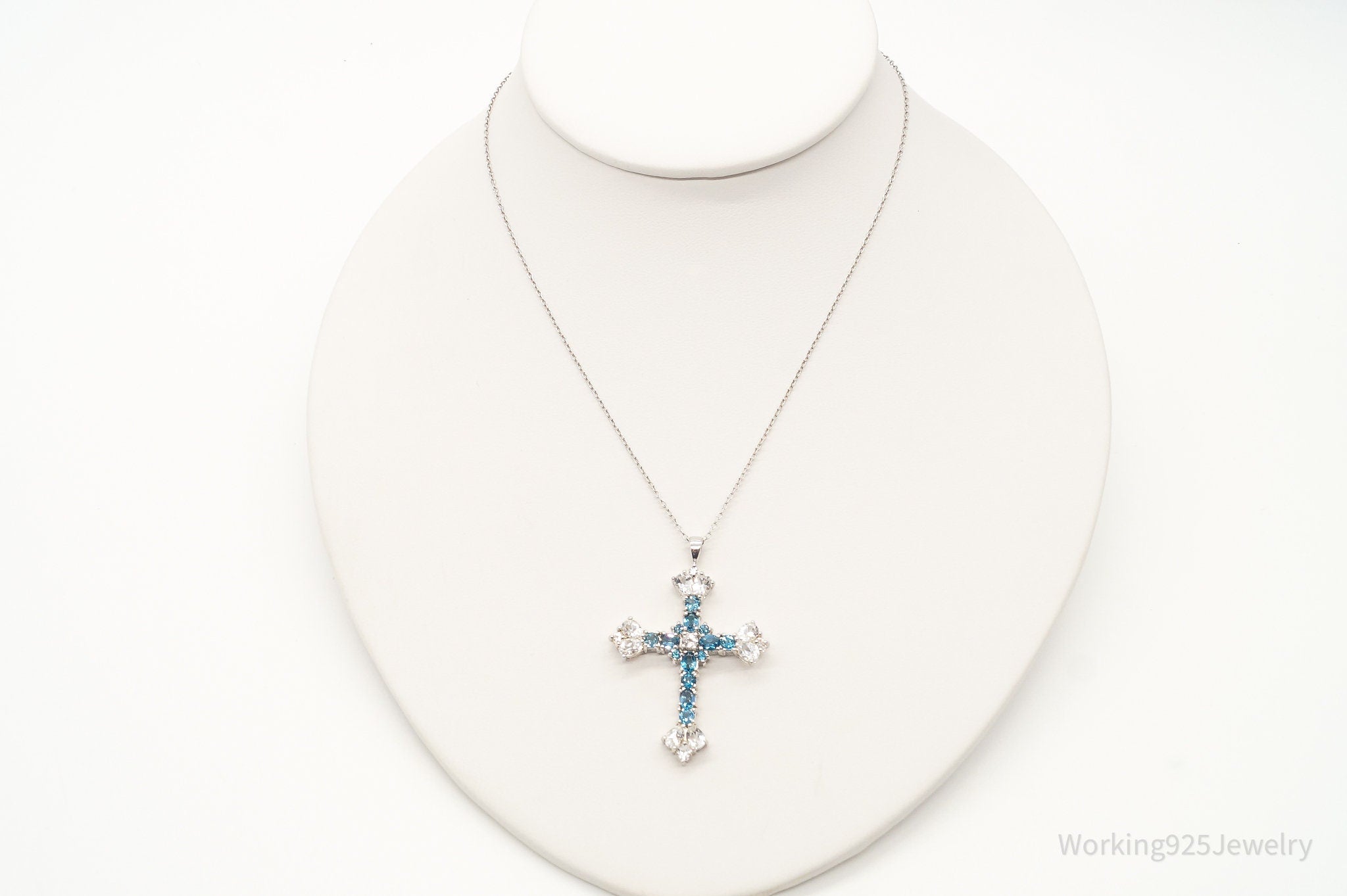 Vintage Blue Topaz Cubic Zirconia Cross Sterling Silver Necklace