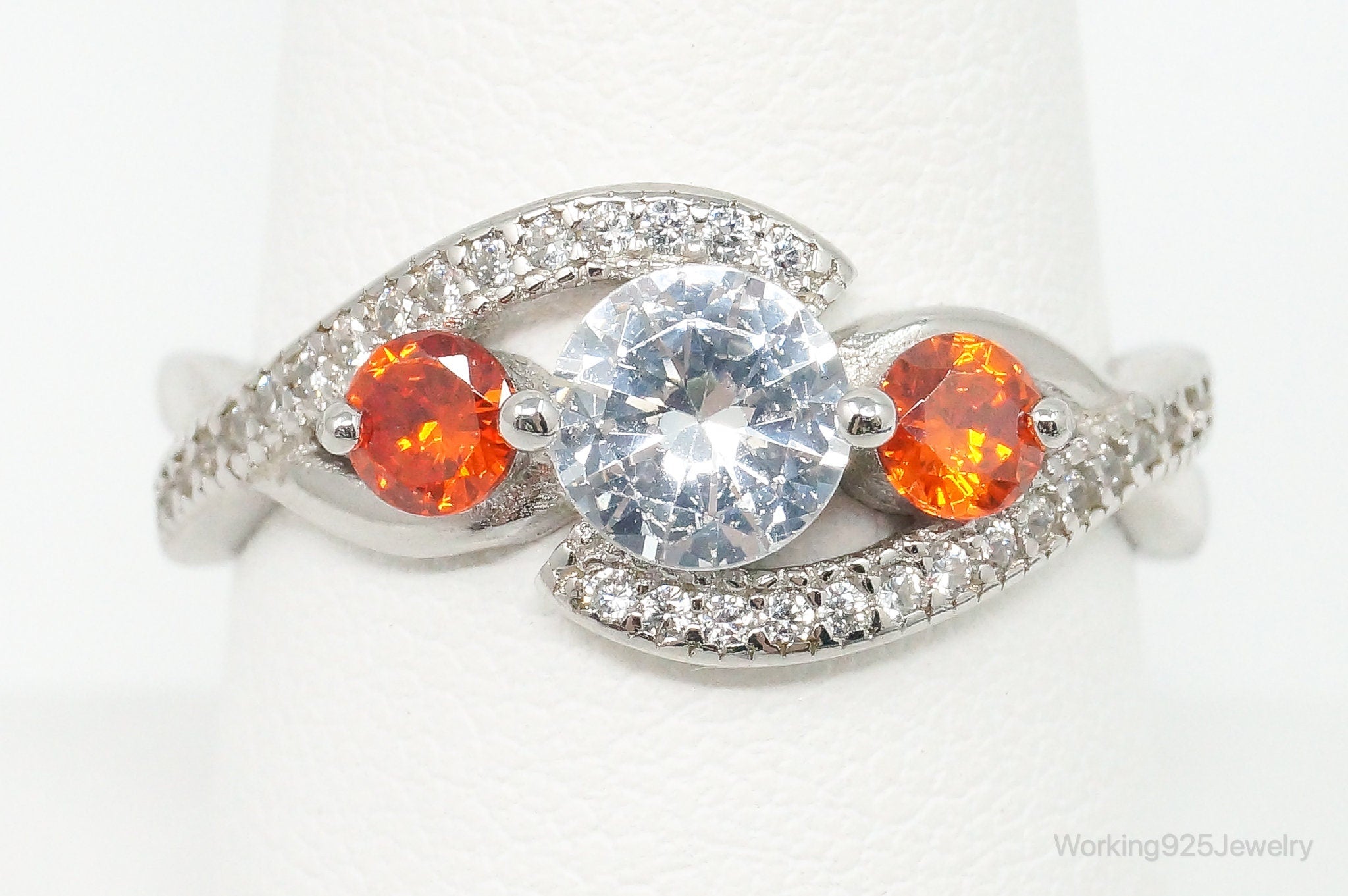 Orange & White Cubic Zirconia Sterling Silver Ring - Size 8.75