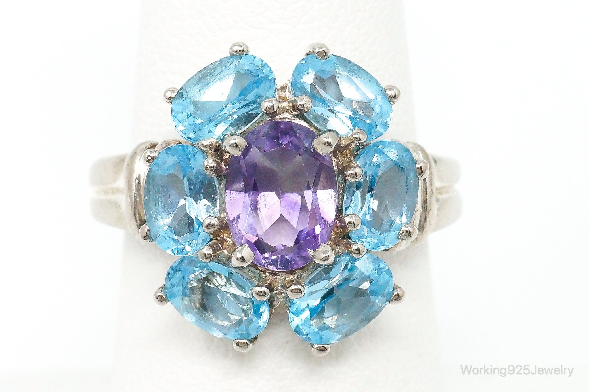 Vintage Blue Topaz Purple Amethyst Sterling Silver Cluster Ring Size 7.25