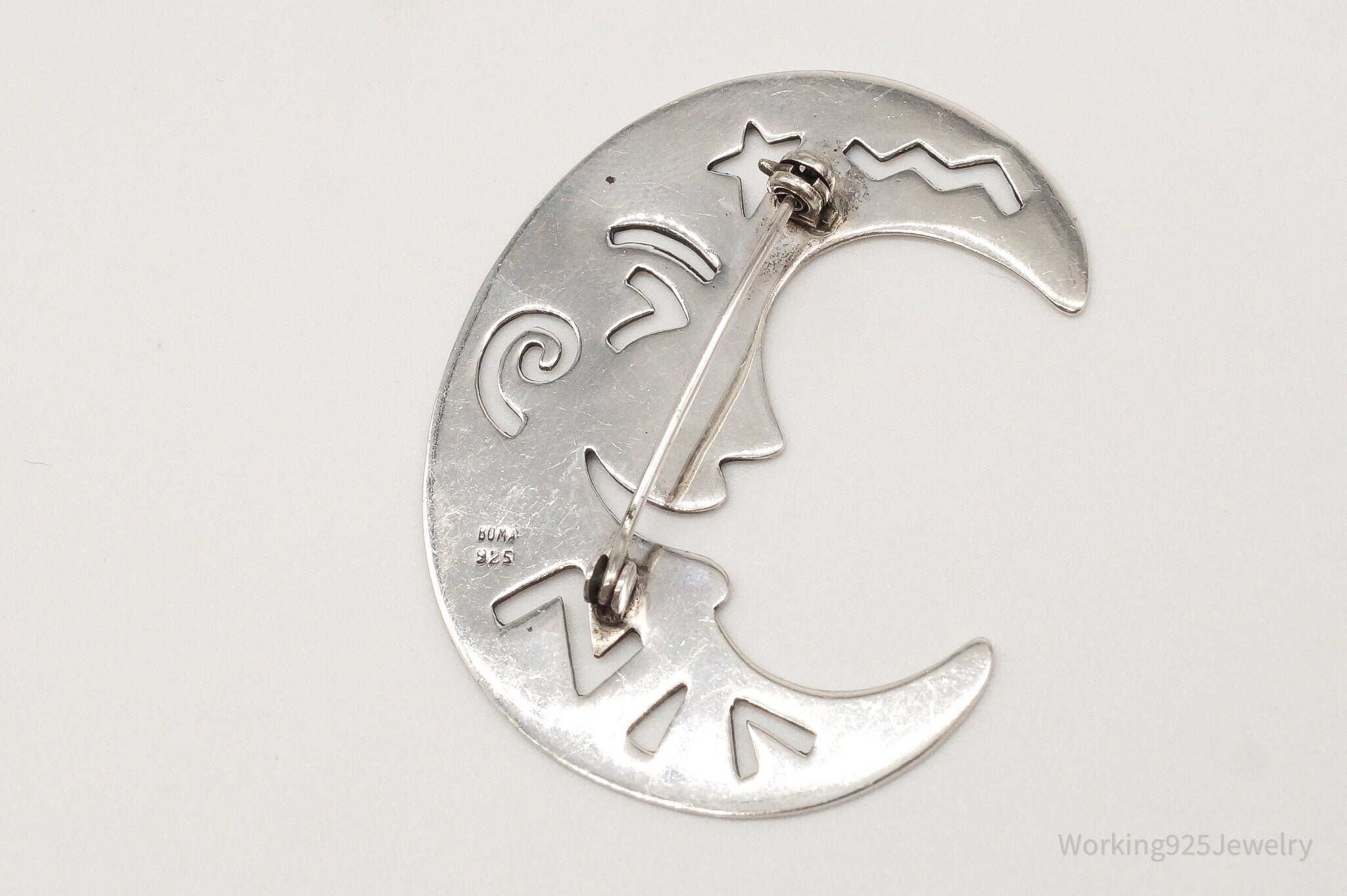 Vintage Boma Large Crescent Moon Sterling Silver Brooch Pin