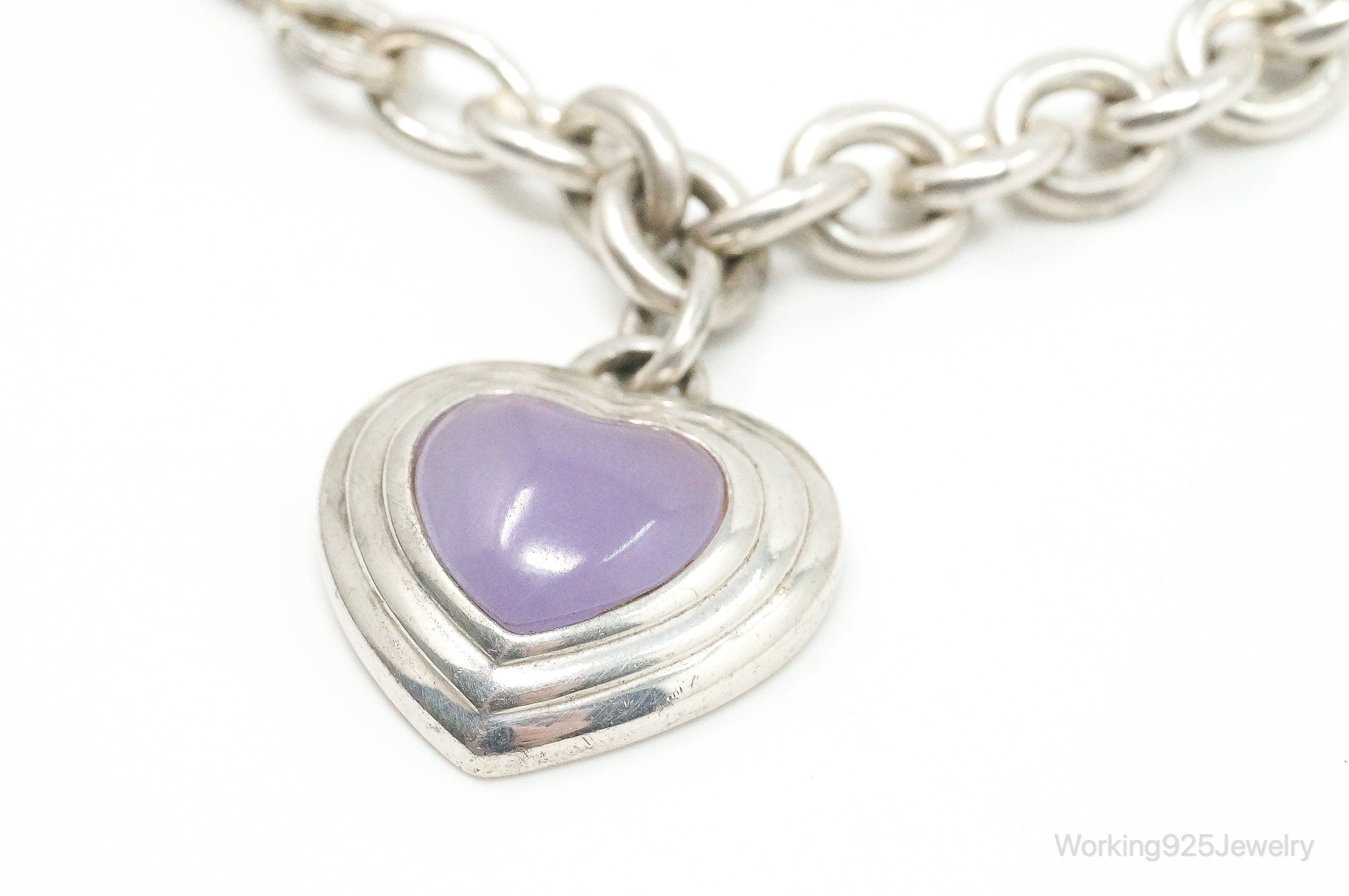 Designer CNA Lavender Jade Heart Chain Link Sterling Silver Bracelet