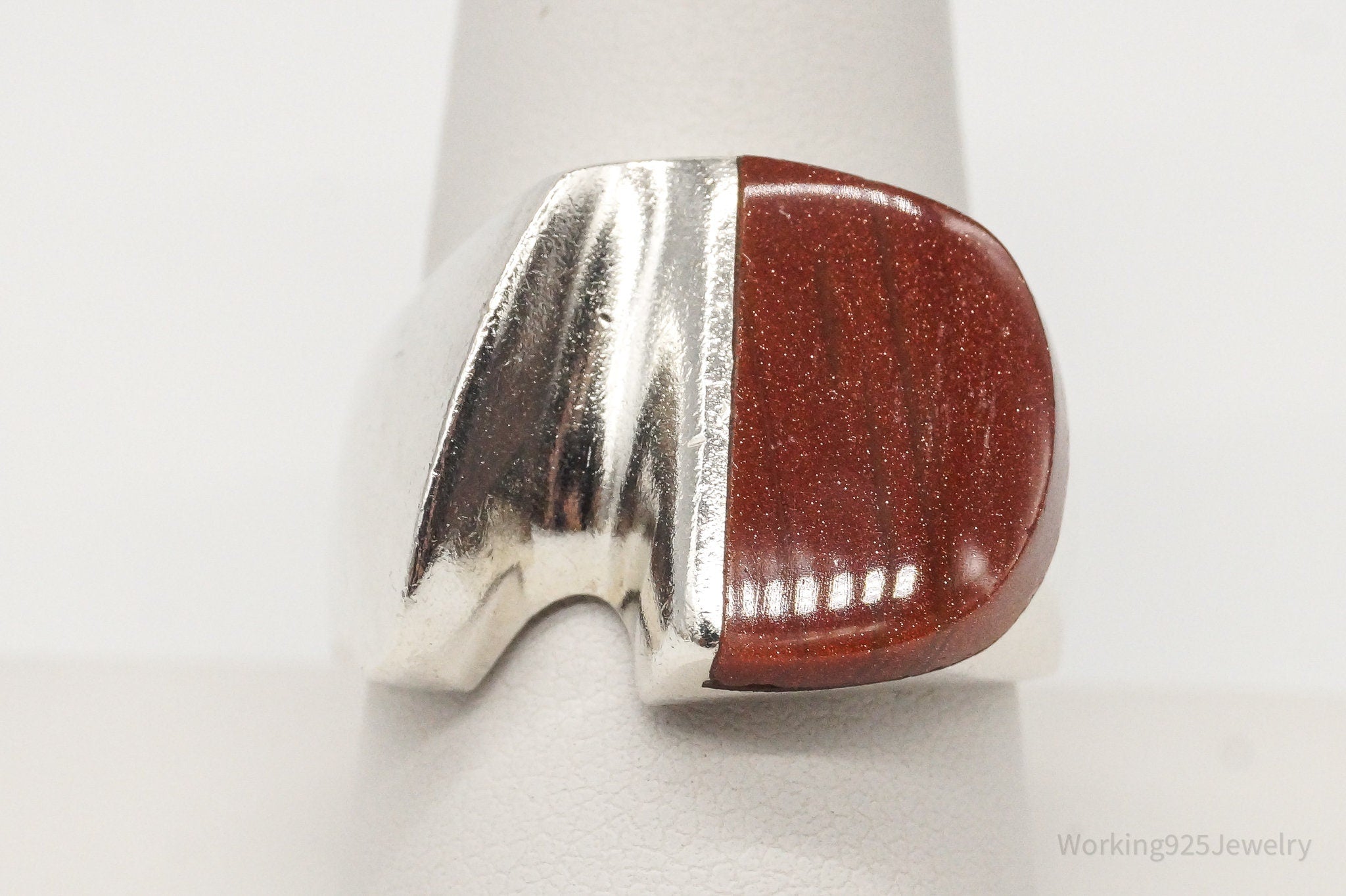 Large Vintage Mexico Goldstone Sterling Silver Ring - Size 9.75