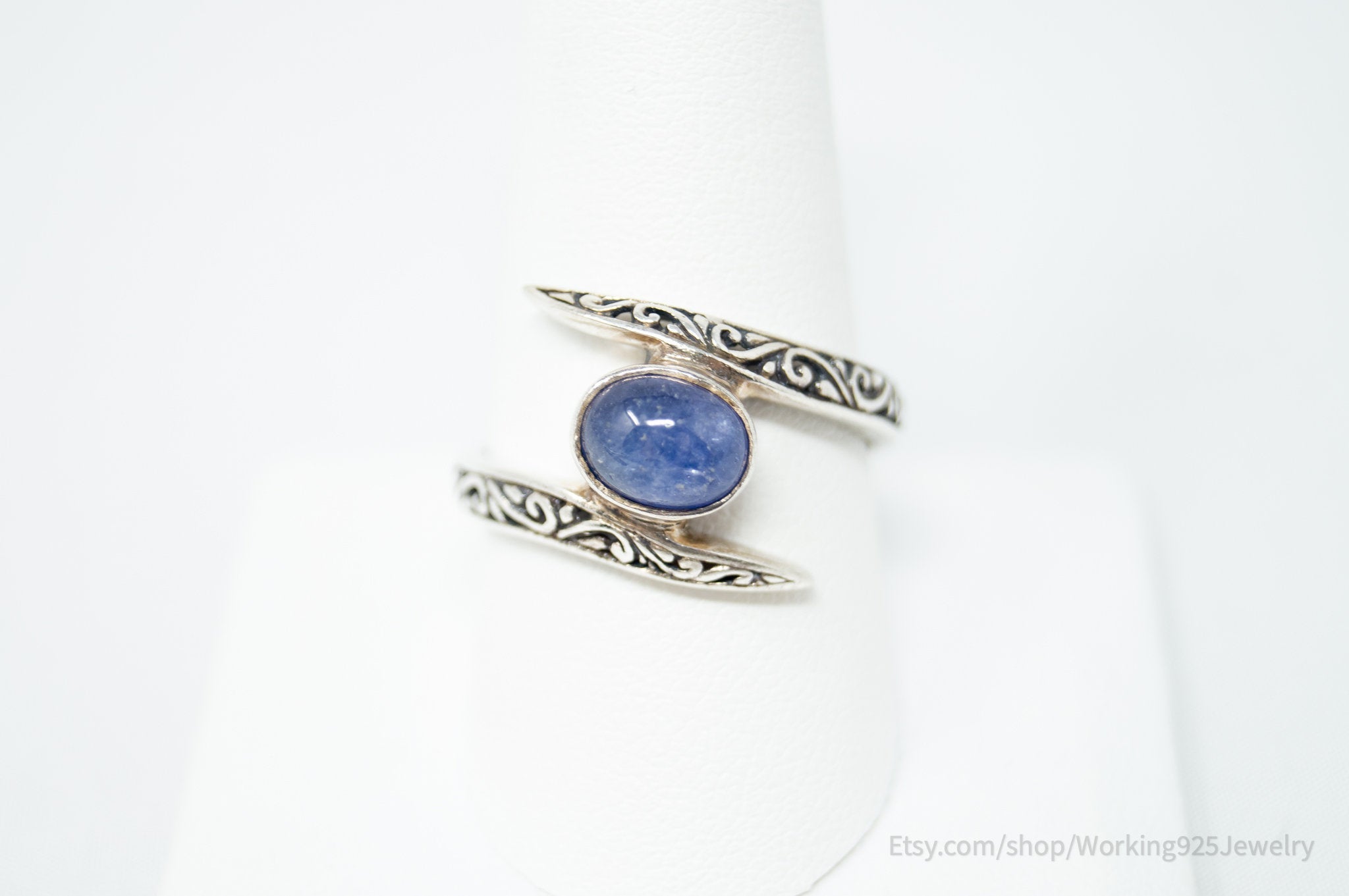 Vintage Deco Style Blue Gemstone Swirl Scroll Sterling Silver Ring - Size 10