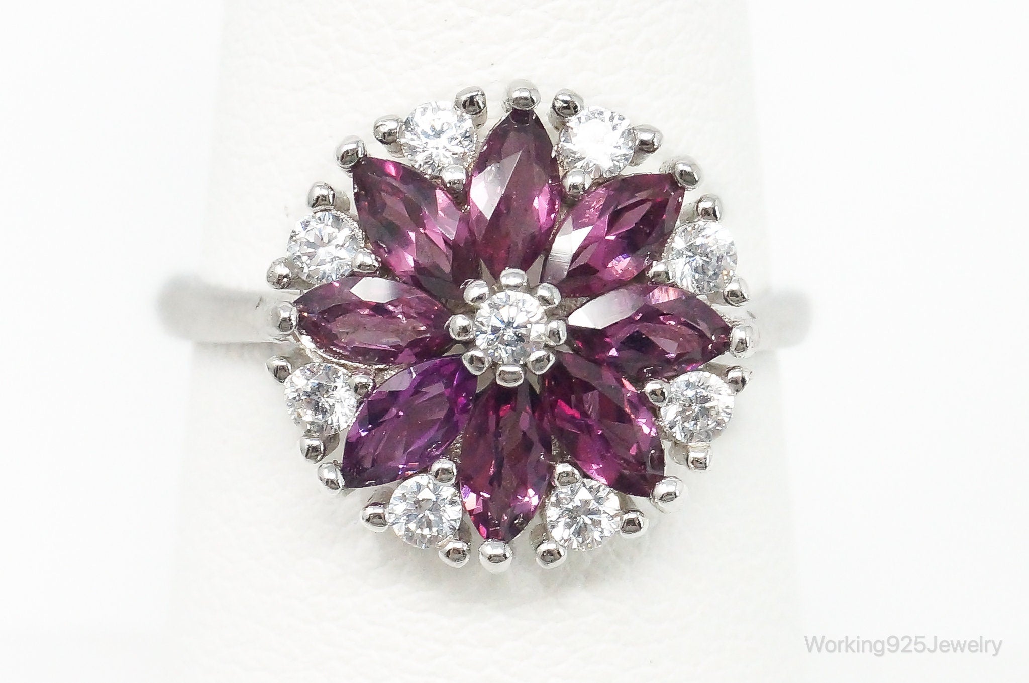 Vintage Amethyst Cubic Zirconia Sterling Silver Flower Ring - SZ 6.75 Adjustable