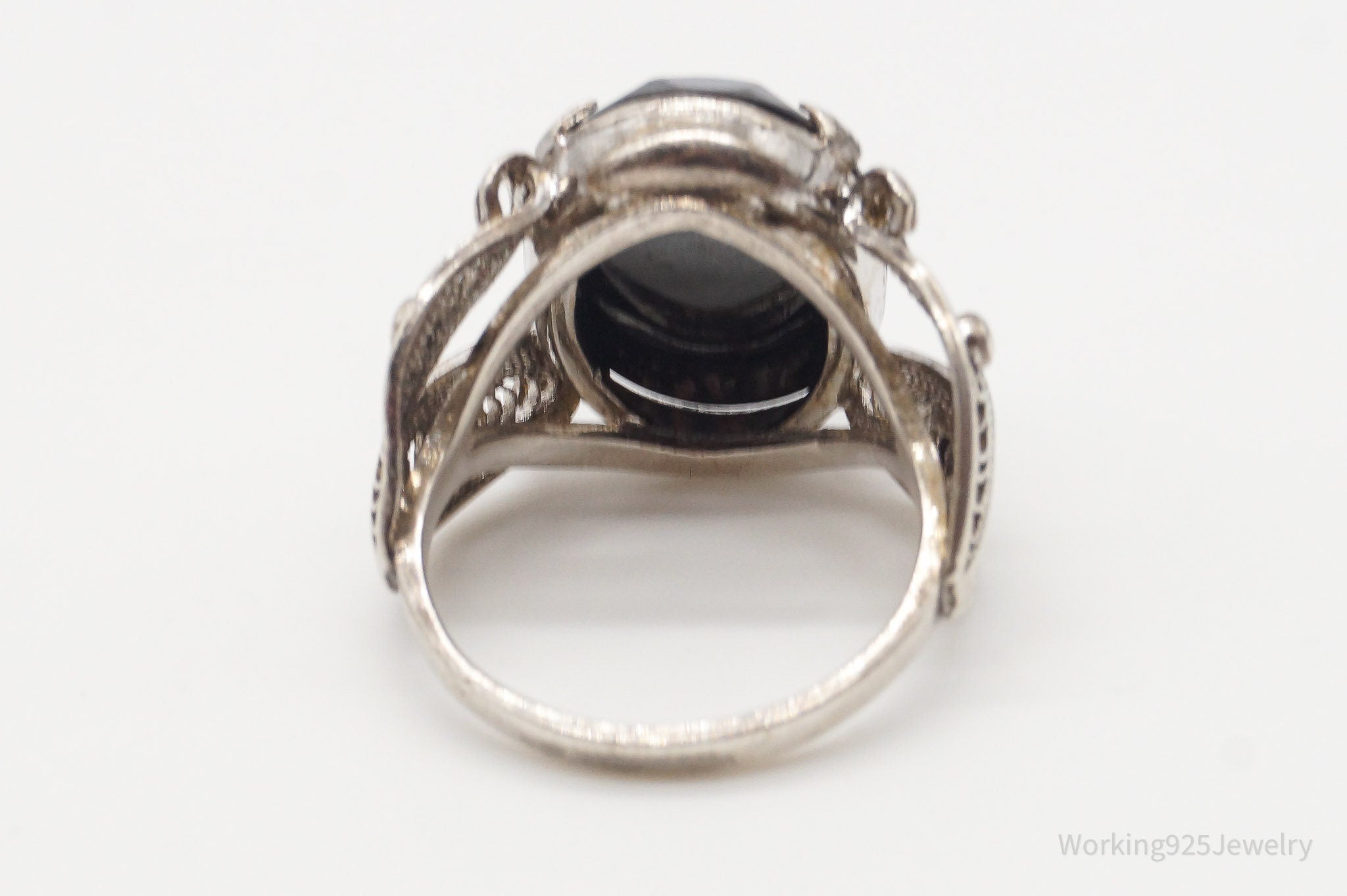 Antique Hematite Filigree Silver Ring - Size 7.25