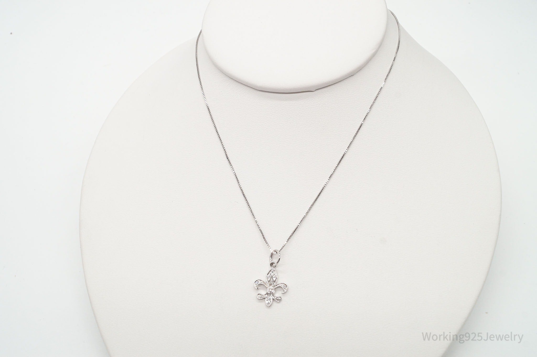 Vintage Fleur De Lis Cubic Zirconia Sterling Silver Necklace