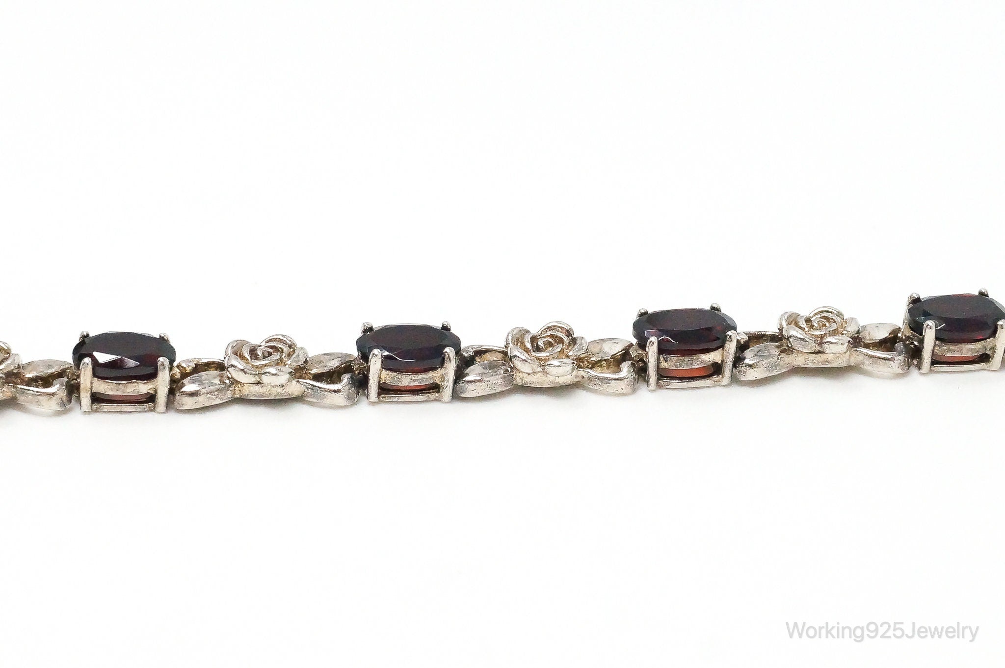 Vintage Garnets & Roses Sterling Silver Bracelet