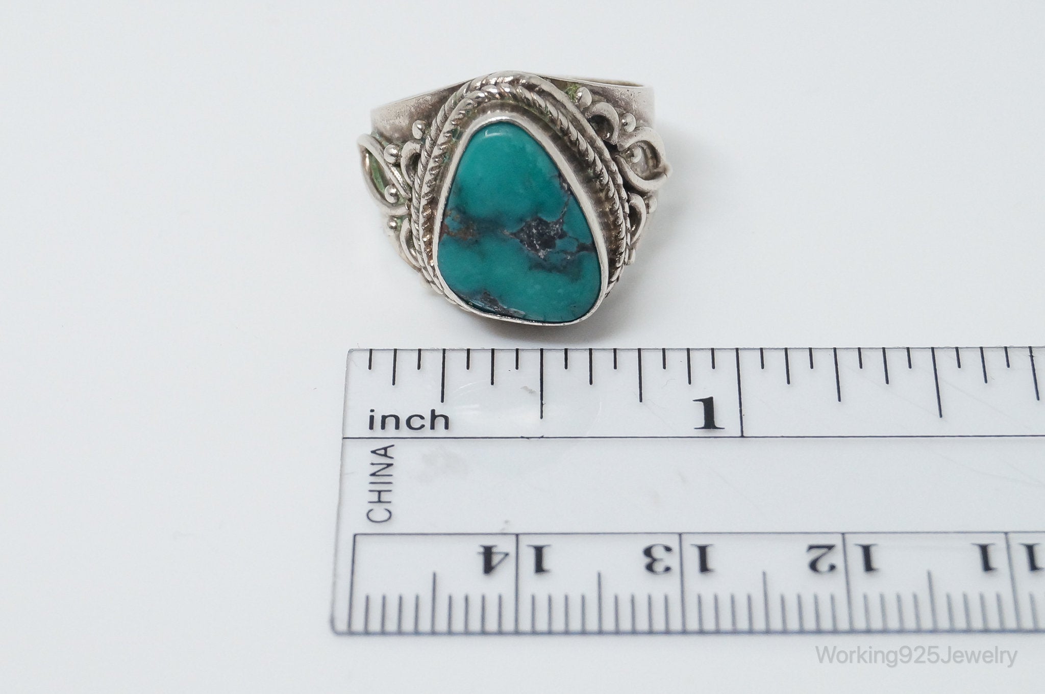 Vintage Bali Style Turquoise Filigree Sterling Silver Ring - Size 7.25