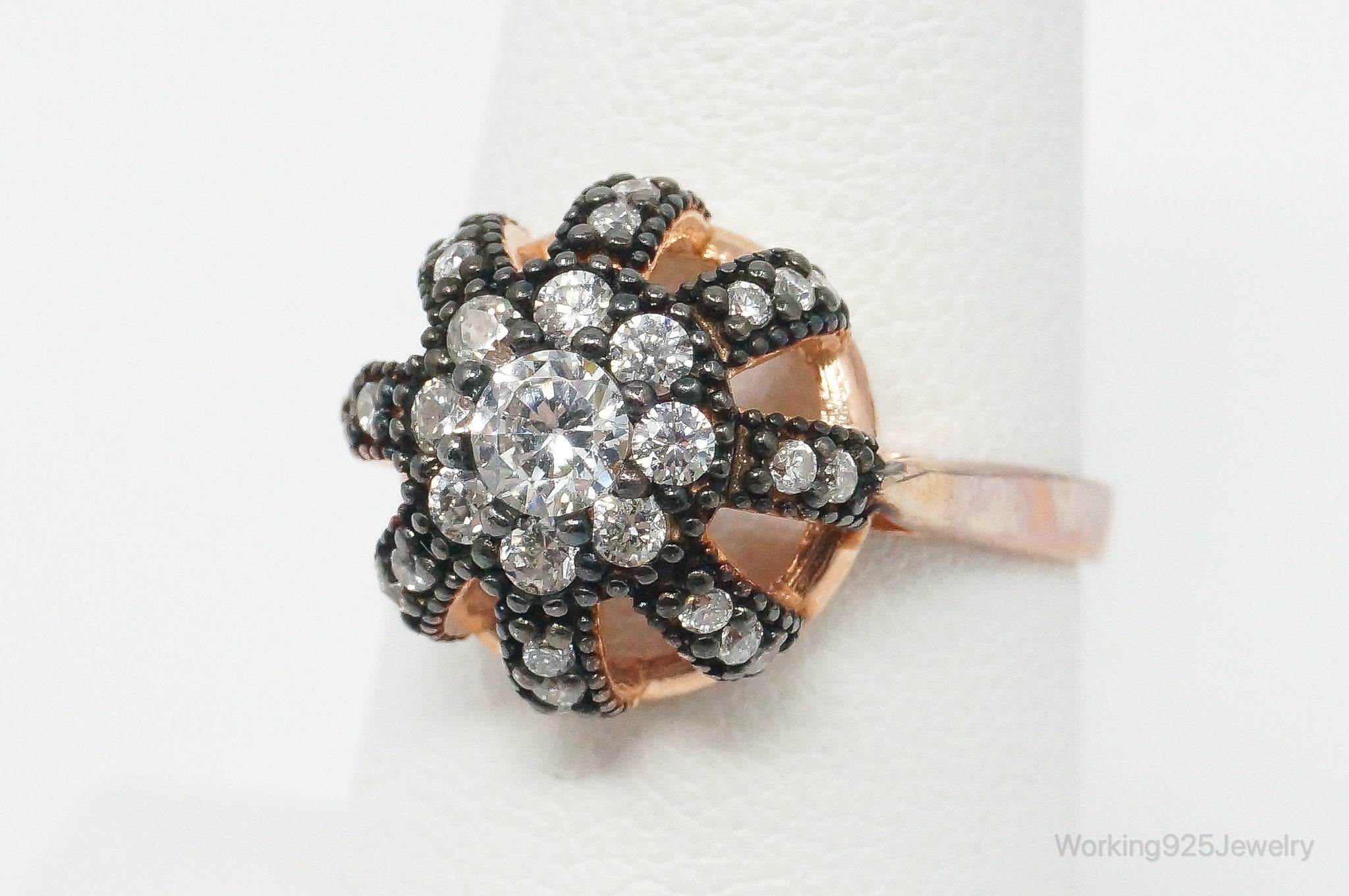 Vintage Cubic Zirconia Rose Gold Vermeil Sterling Silver Crown Ring - Size 7.25