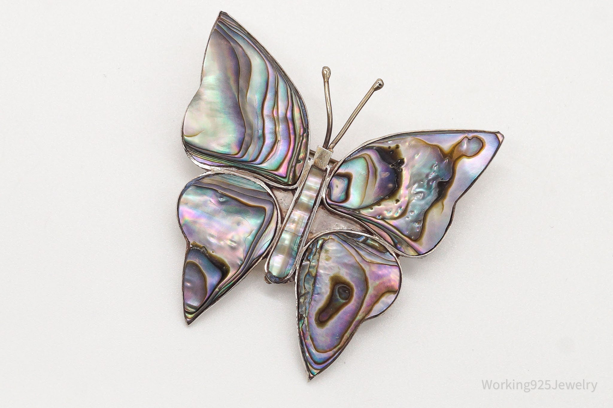 Large Vintage Paua Abalone Shell Butterfly Sterling Silver Mexico Brooch Pin