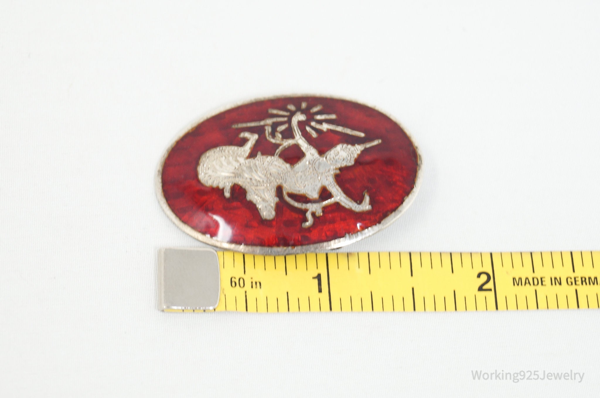 Vintage Designer SIAM NIELLO Dancer Ruby Red Enamel Sterling Silver Brooch Pin