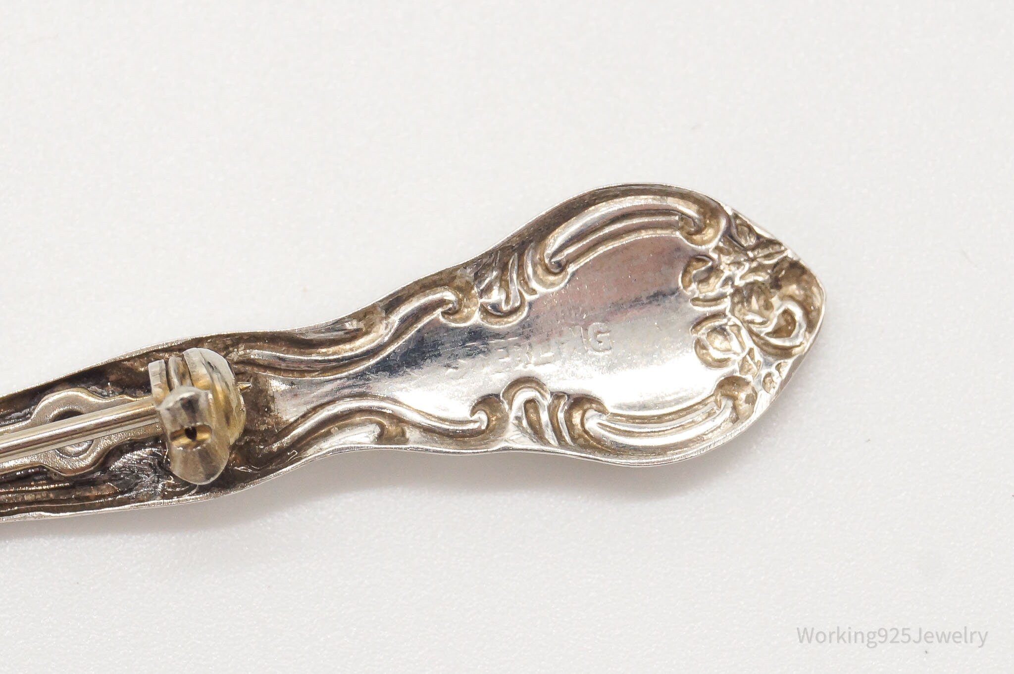 Antique Repousse Sterling Silver Spoon Brooch Pin