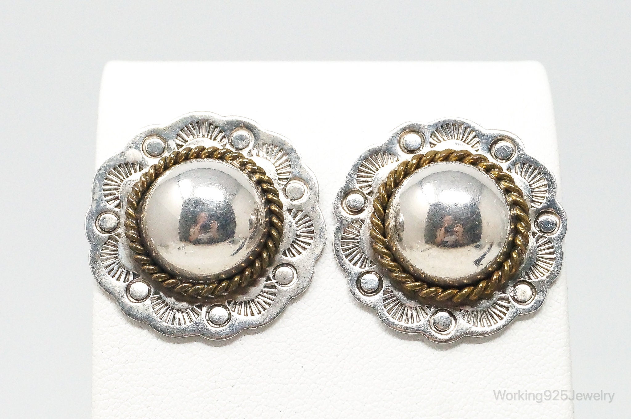 Vintage Handmade Mexico Sterling Silver Brass Stud Earrings