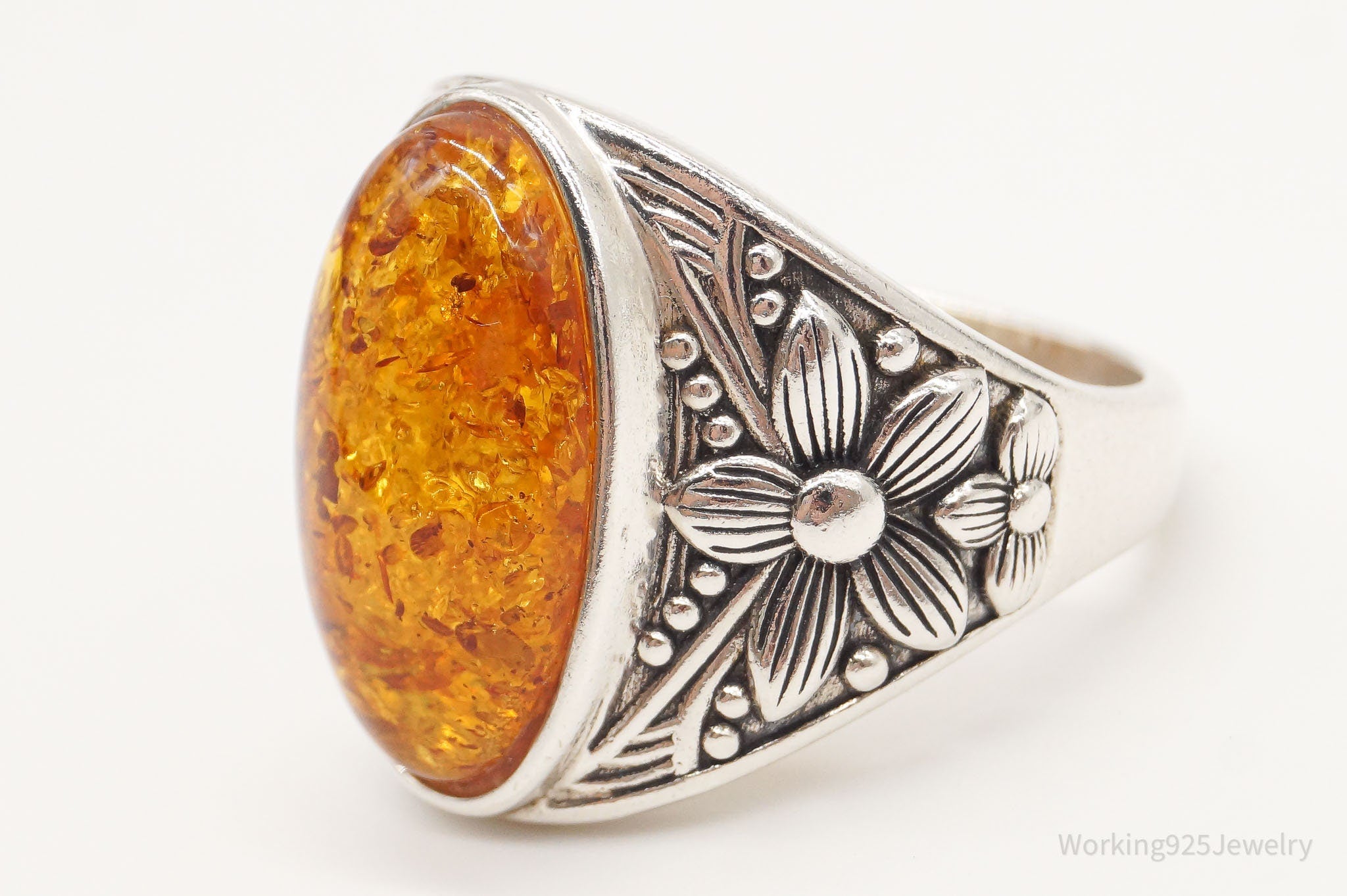 Vintage Designer BBJ Large Amber Sterling Silver Ring - Size 11