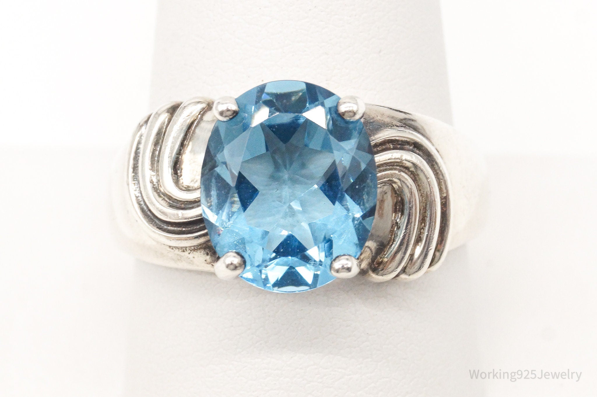 Vintage Large Blue Topaz Sterling Silver Ring - Size 10