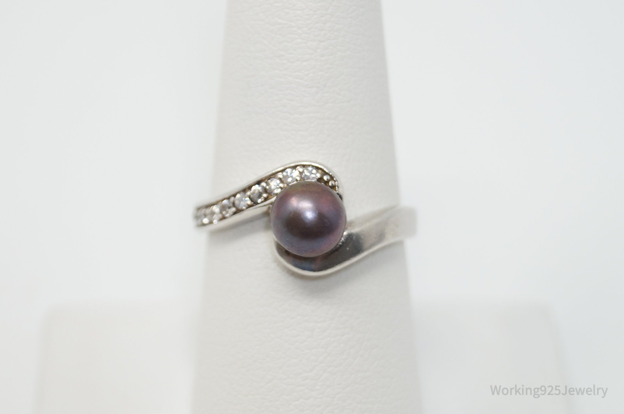 Vintage Designer Chapal-Zenray Tahitian Pearl CZ Sterling Silver Ring - Sz 7.75