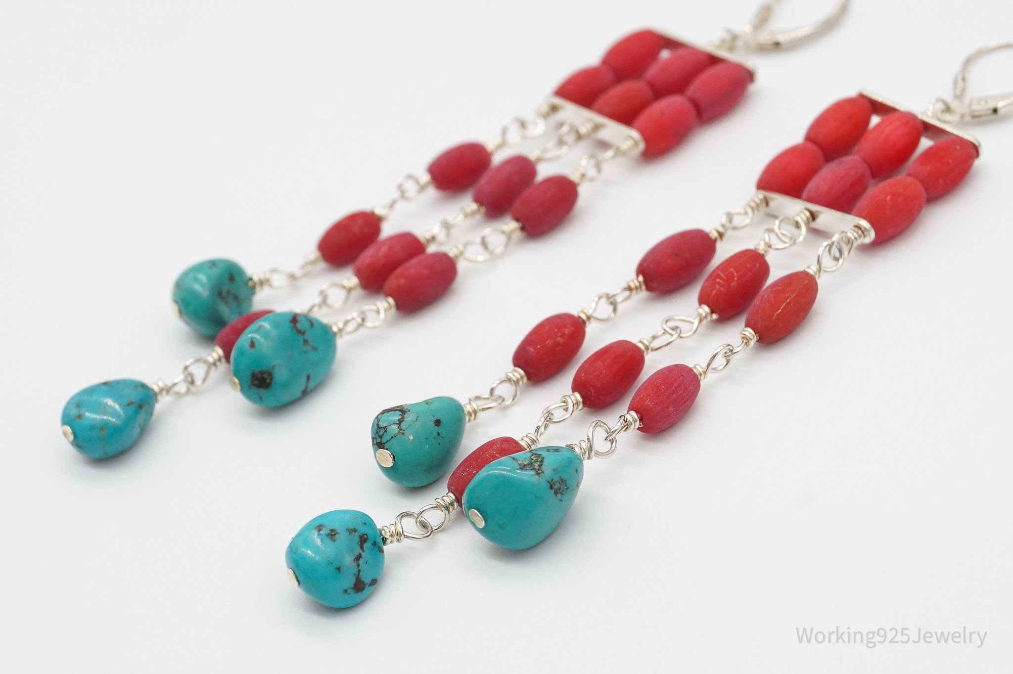 Designer SX Turquoise & Coral Sterling Silver Earrings