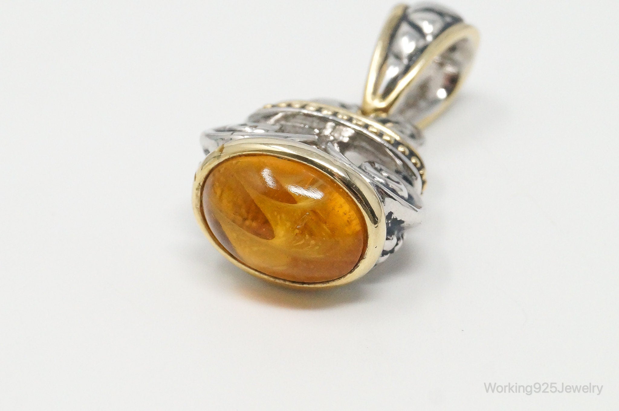 Large Vintage Amber Gold Vermeil Sterling Silver Necklace Pendant
