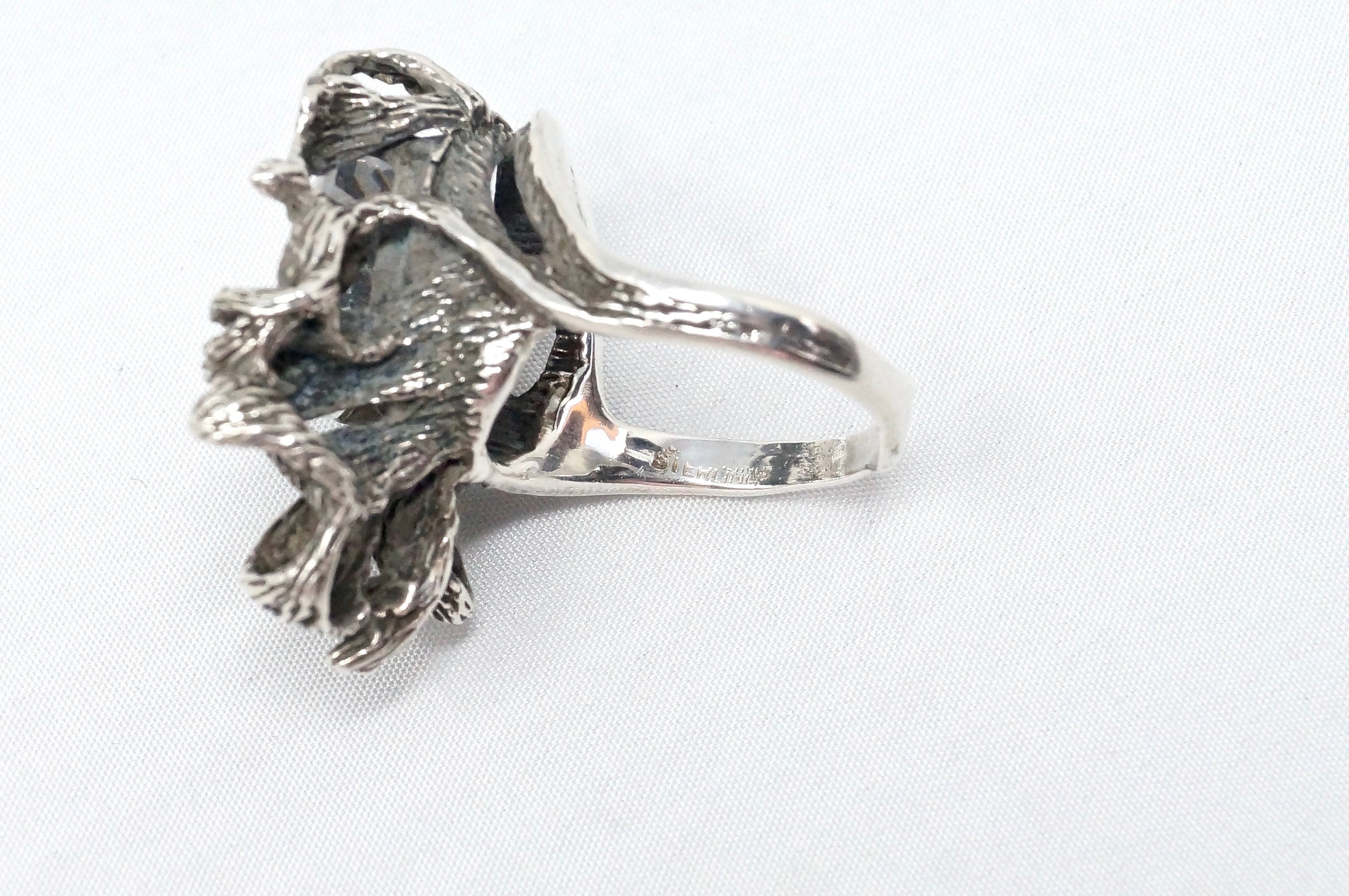 Vintage Art Nouveau Motif CZ Oxidized Sterling Silver Statement Ring - Size 6