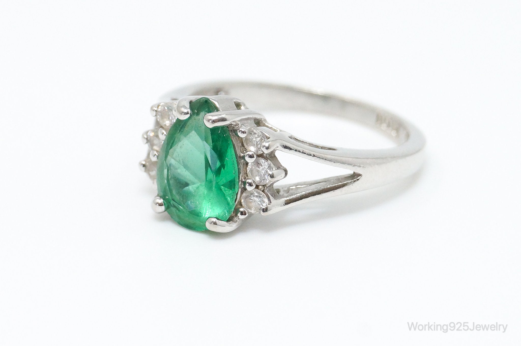 Vintage Lab Emerald CZ Accented Sterling Silver Ring SZ 7