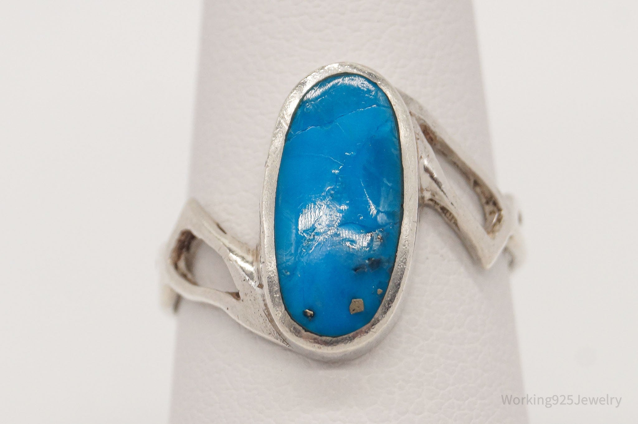 Vintage Blue Turquoise Modernist Sterling Silver Ring - Size 7.25