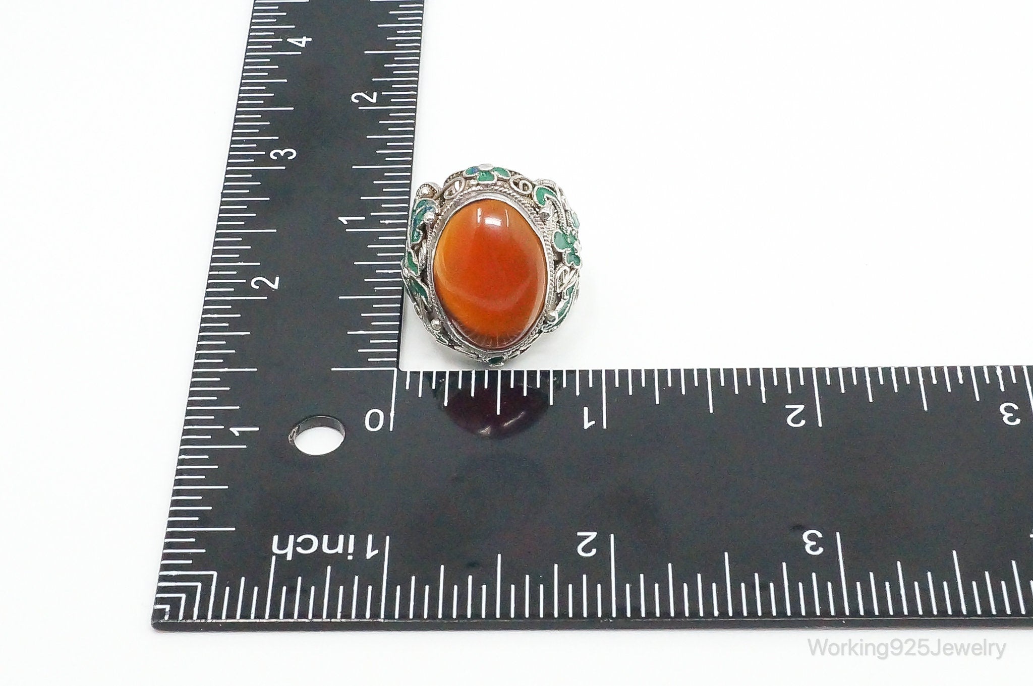 Vintage Large Carnelian Enamel Filigree Silver Ring - Size 5.25