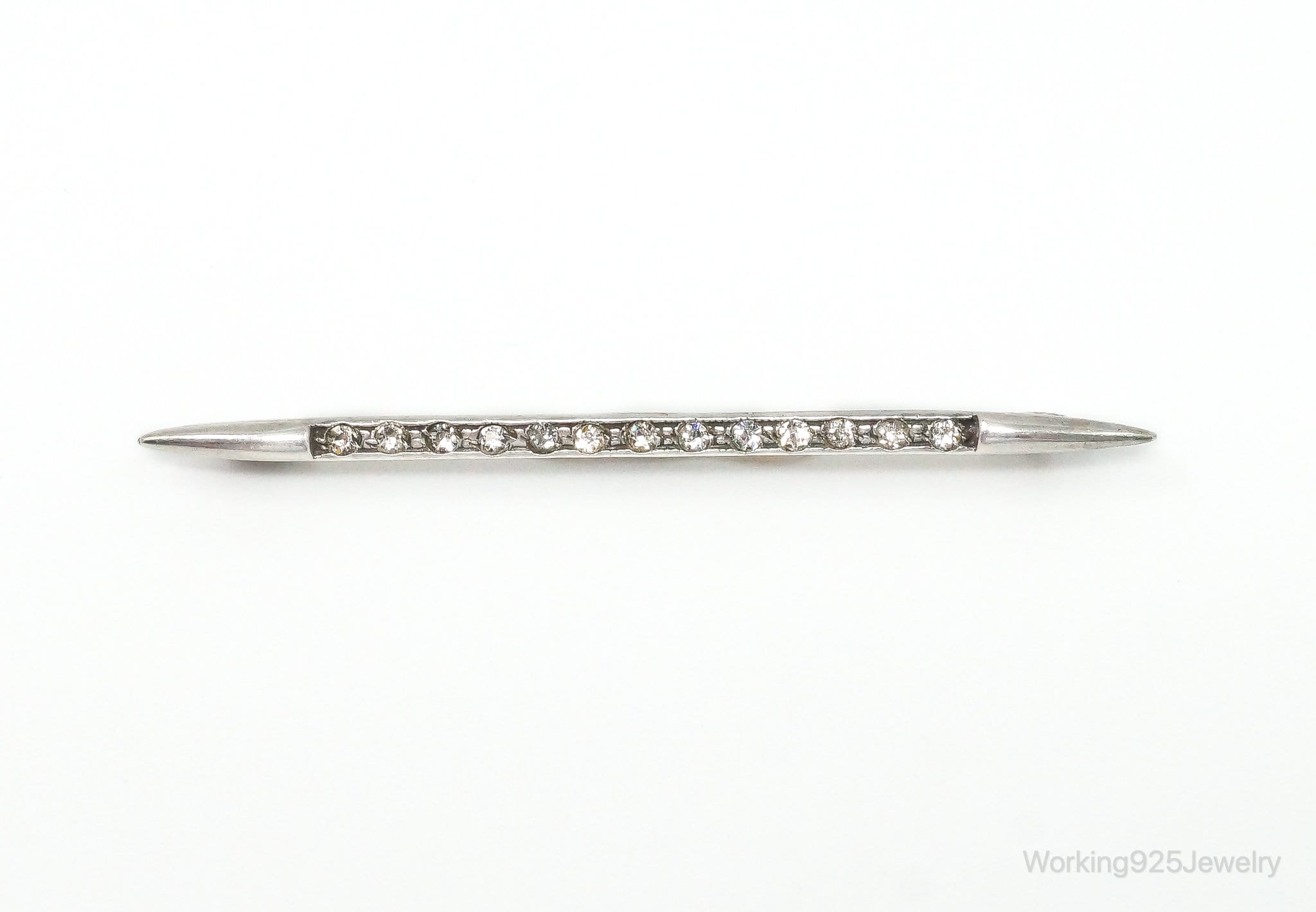 Antique Victorian Rhinestone Sterling Silver Brooch Pin Bar