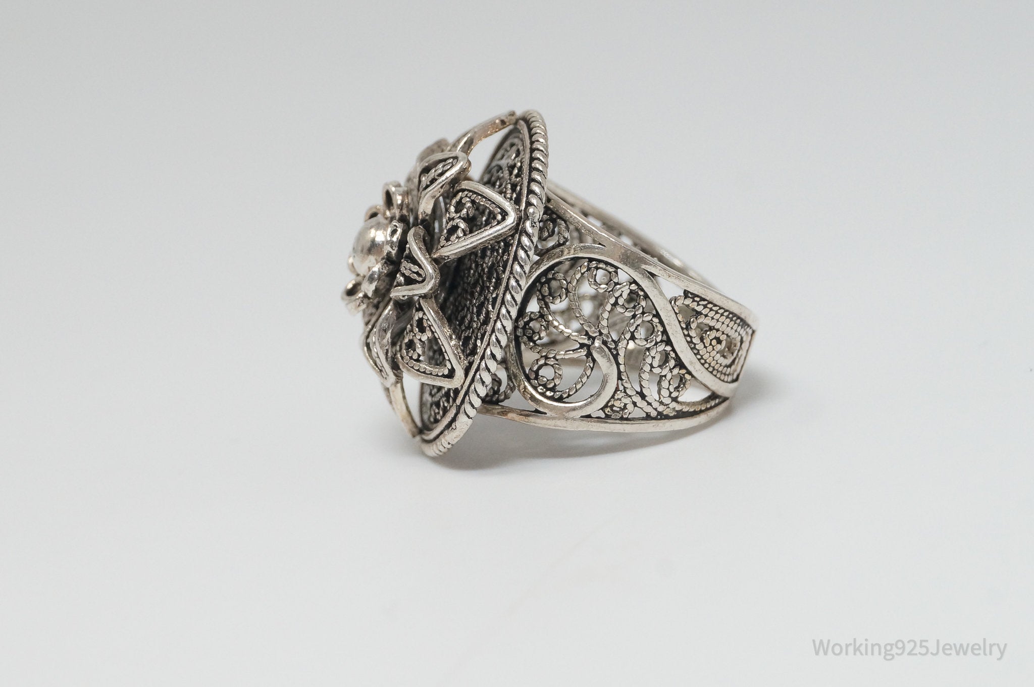 Vintage Designer DGS Flower Filigree Sterling Silver Ring - Size 7