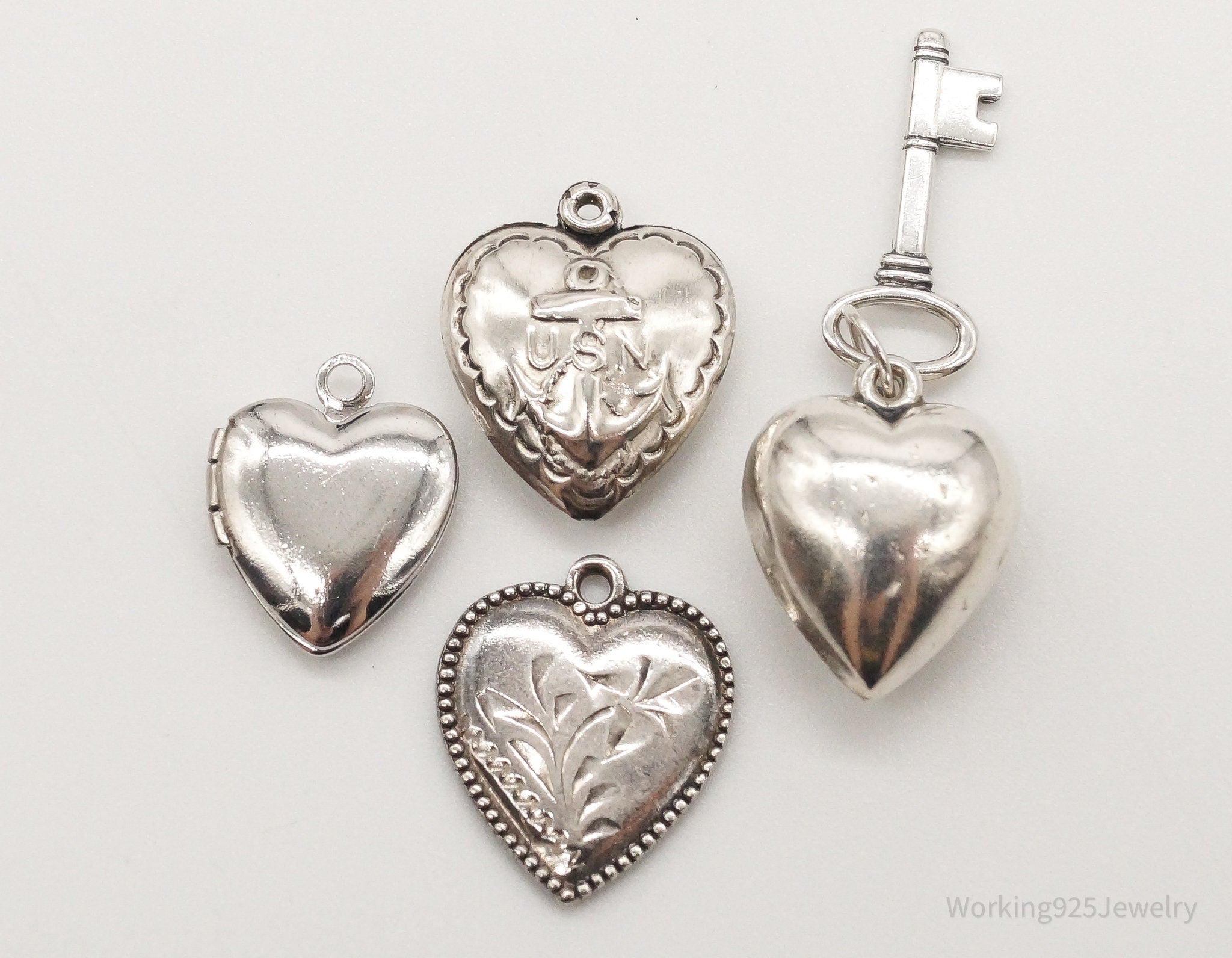 Antique Puffy Hearts Sterling Silver Charms Set Lot