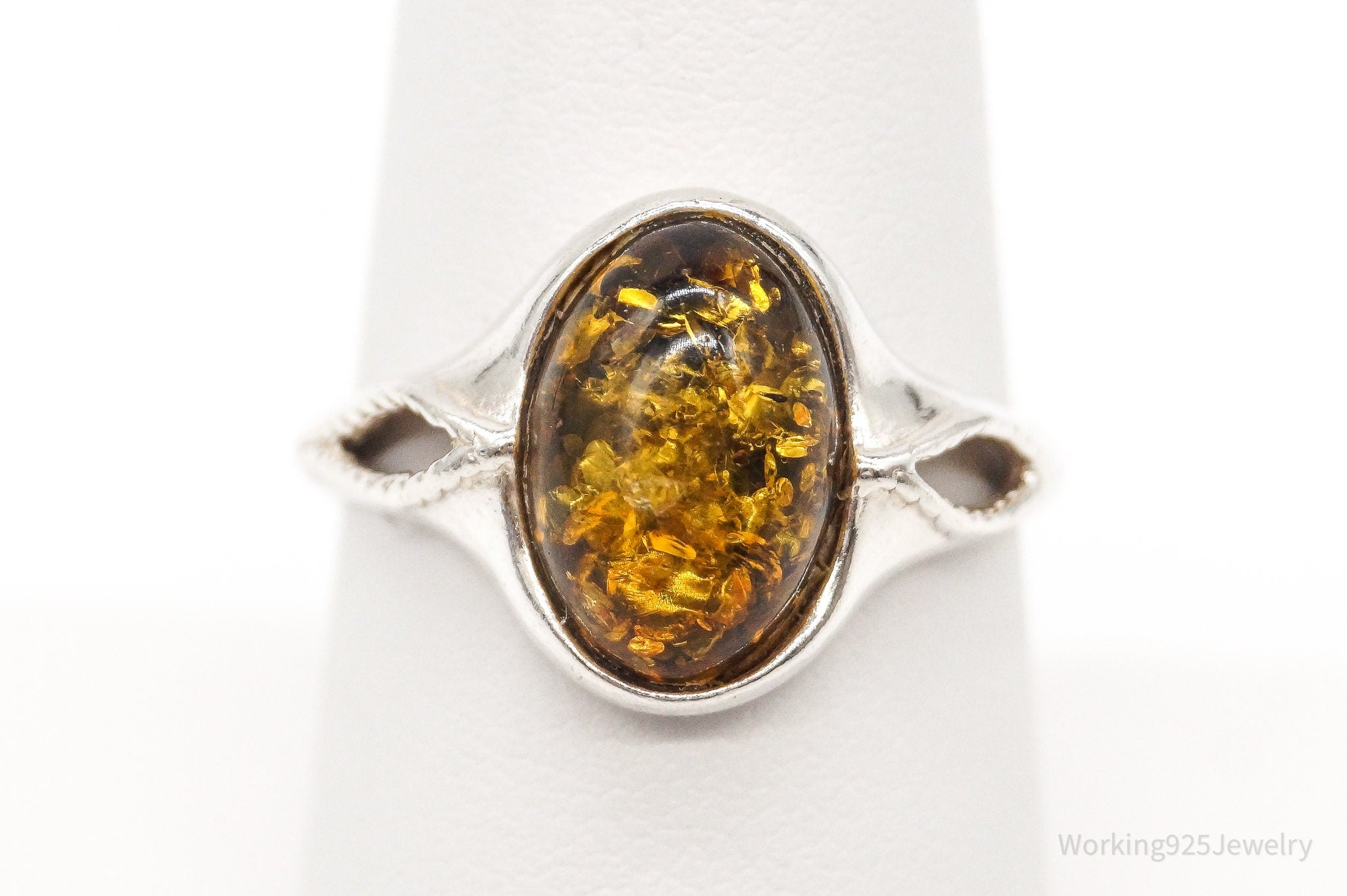 Vintage Designer PS Amber Modernist Sterling Silver Ring - Sz 7.5 Adjustable