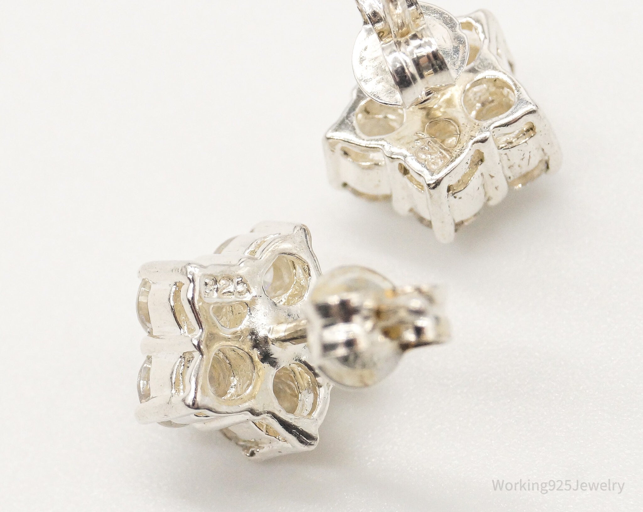 Vintage Cubic Zirconia Flowers Sterling Silver Stud Post Earrings