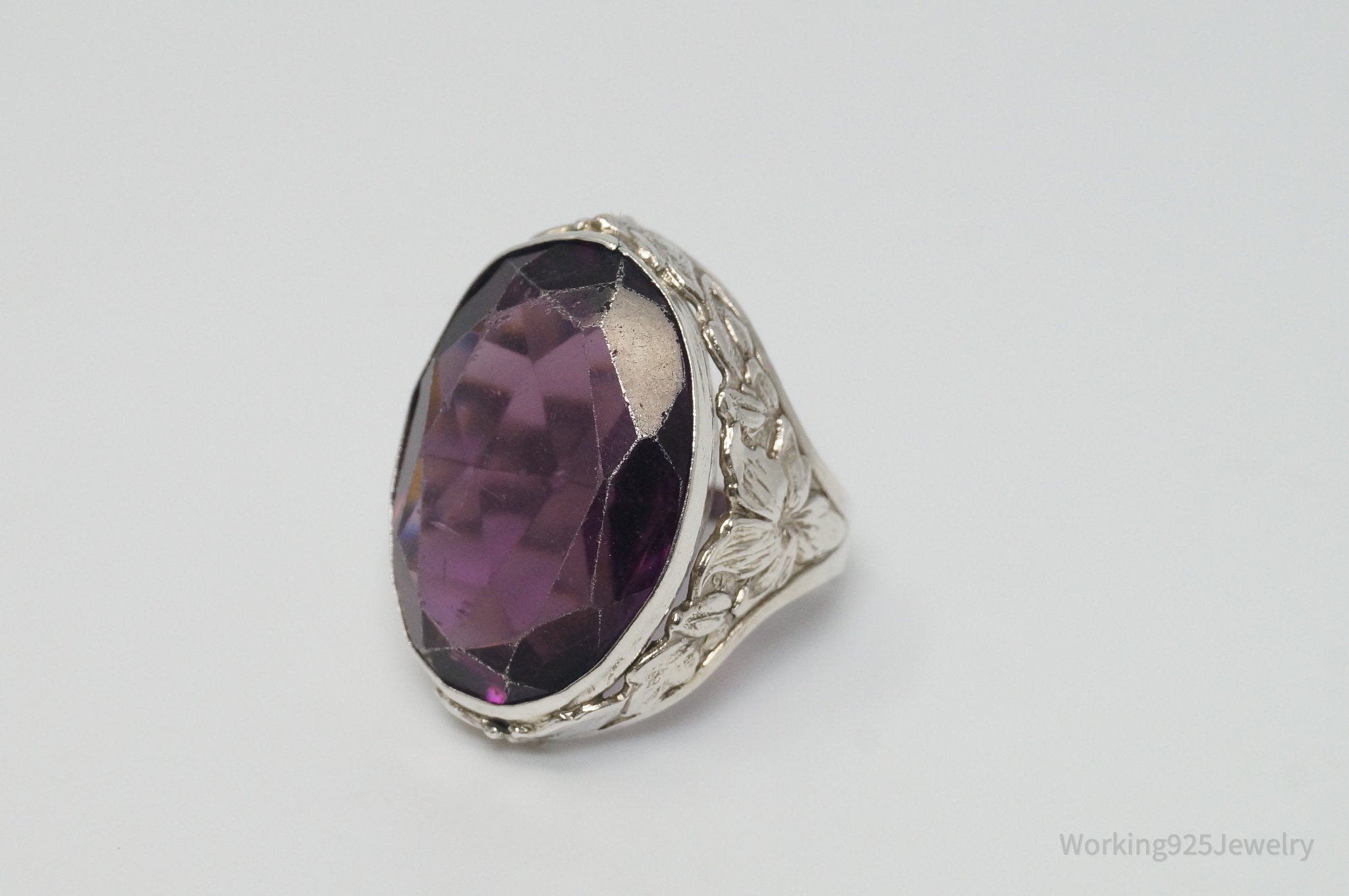 Antique Large Purple Glass Sterling Silver Ring - Size 6.5