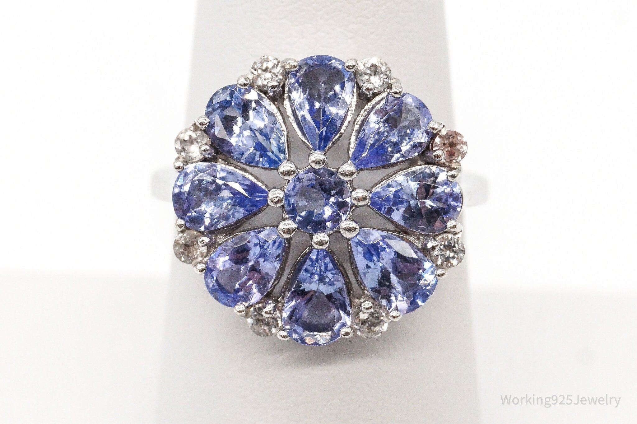 Iolite Cubic Zirconia Flower Sterling Silver Ring Size 7