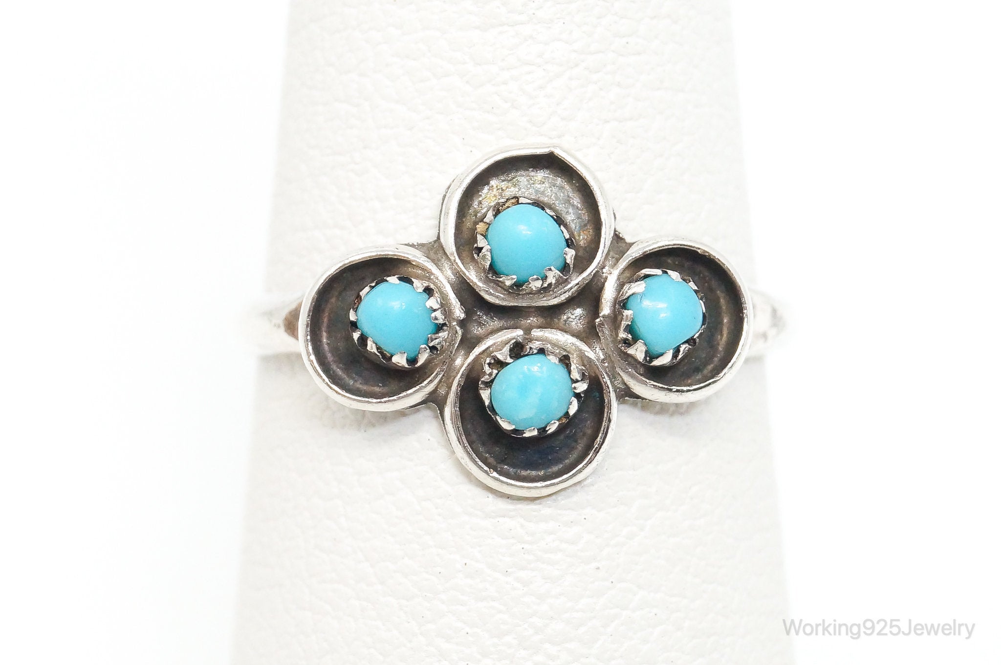 Native American Petit Point Turquoise Unsigned Sterling Silver Ring SZ 6.75