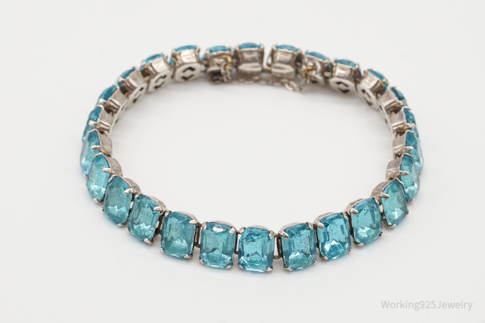 Antique Blue Glass Stones Sterling Silver Statement Bracelet