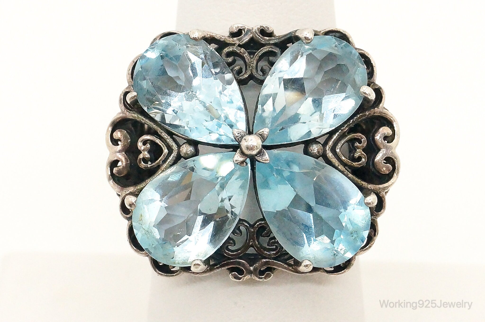 Vintage Blue Topaz Flower Sterling Silver Ring - Size 7