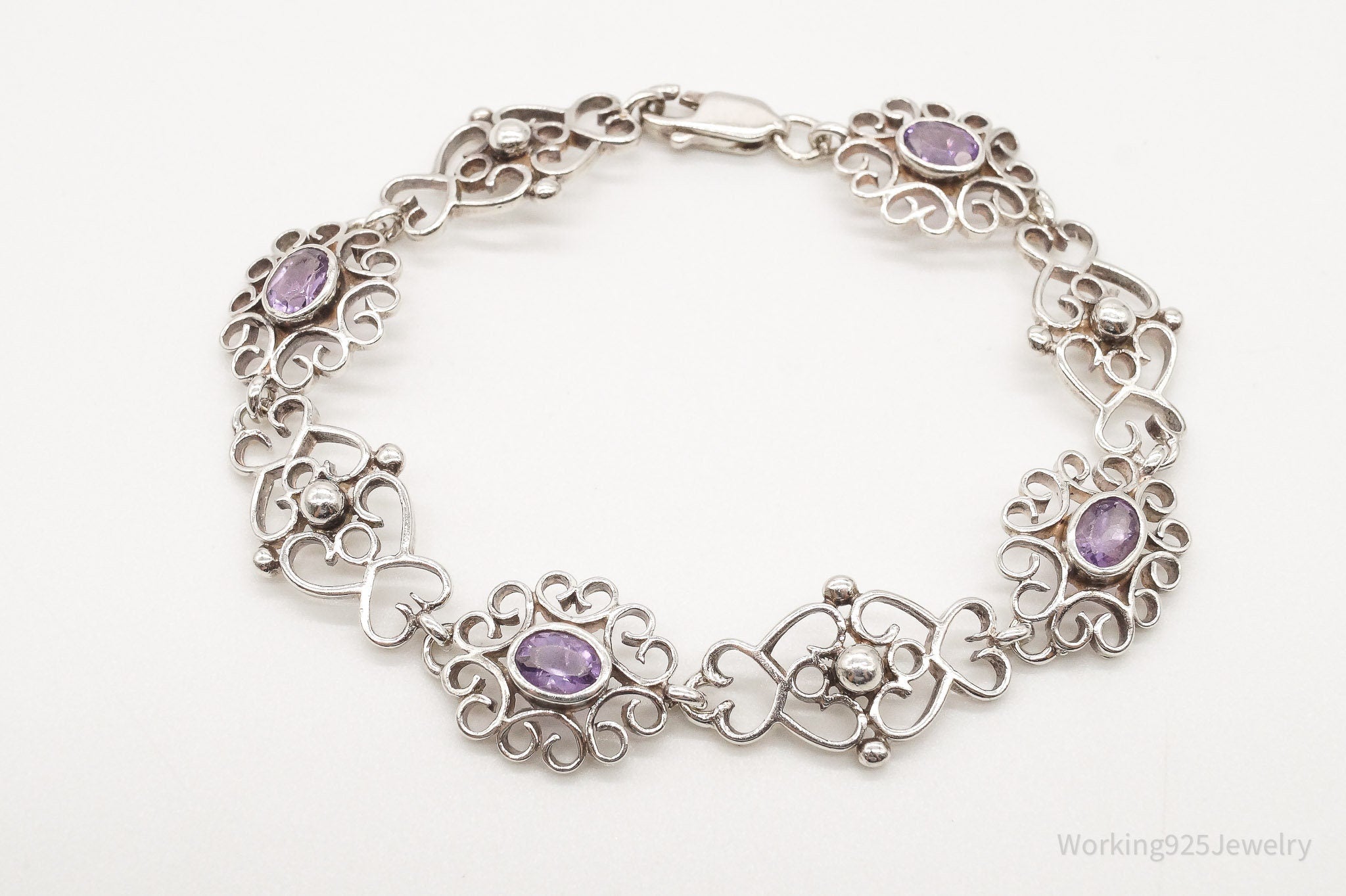 Vintage Amethyst Filigree Sterling Silver Bracelet