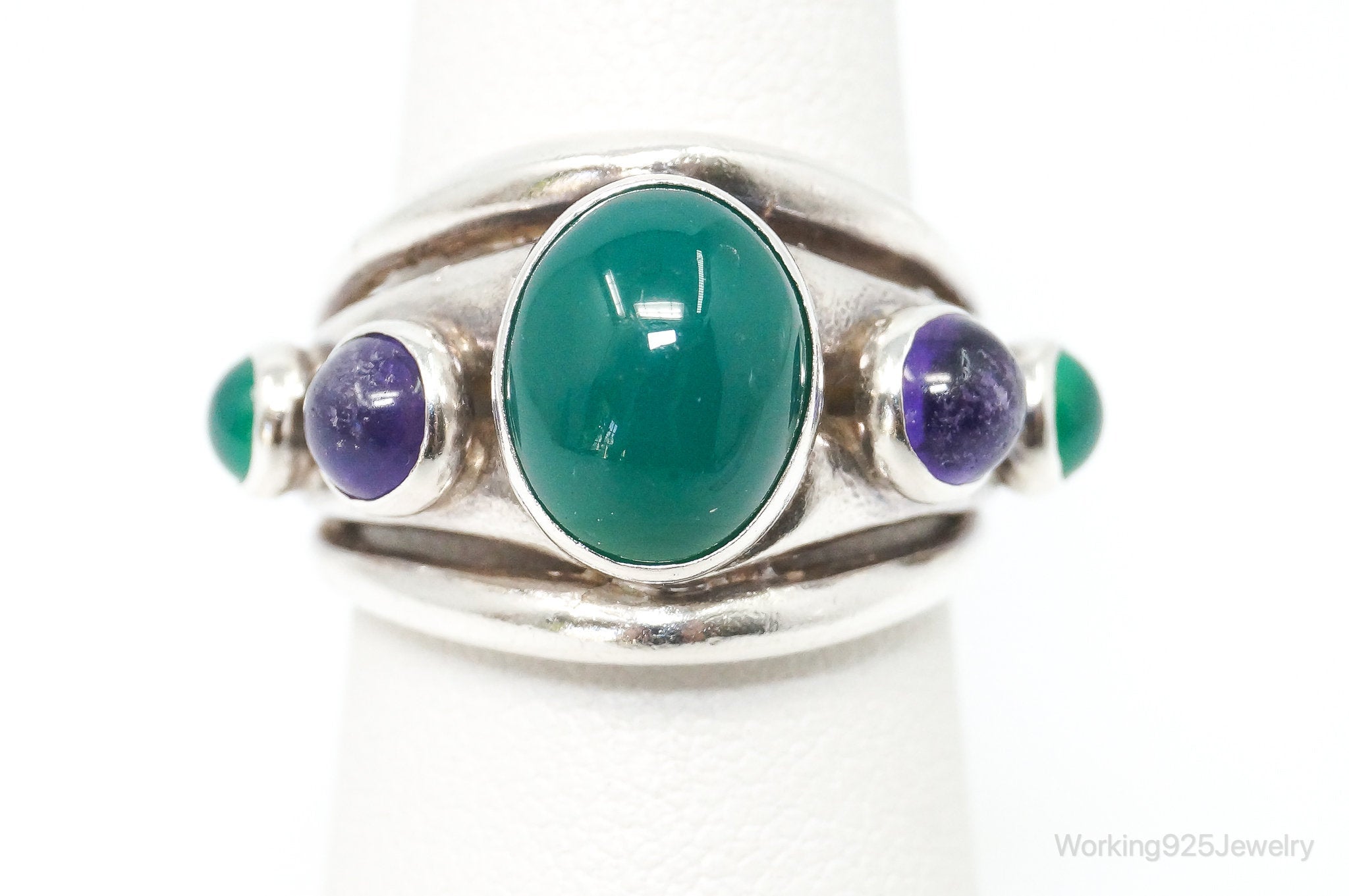 Vintage Green Onyx Amethyst Sterling Silver Ring - Size 6