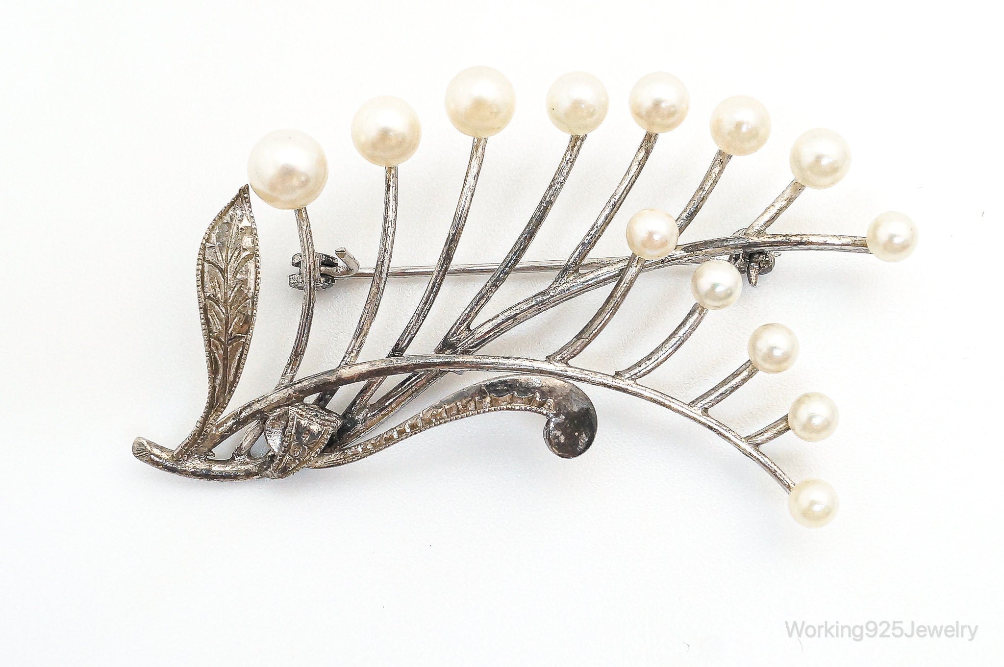 Large Antique Faux Pearl Sterling Silver Brooch Pin