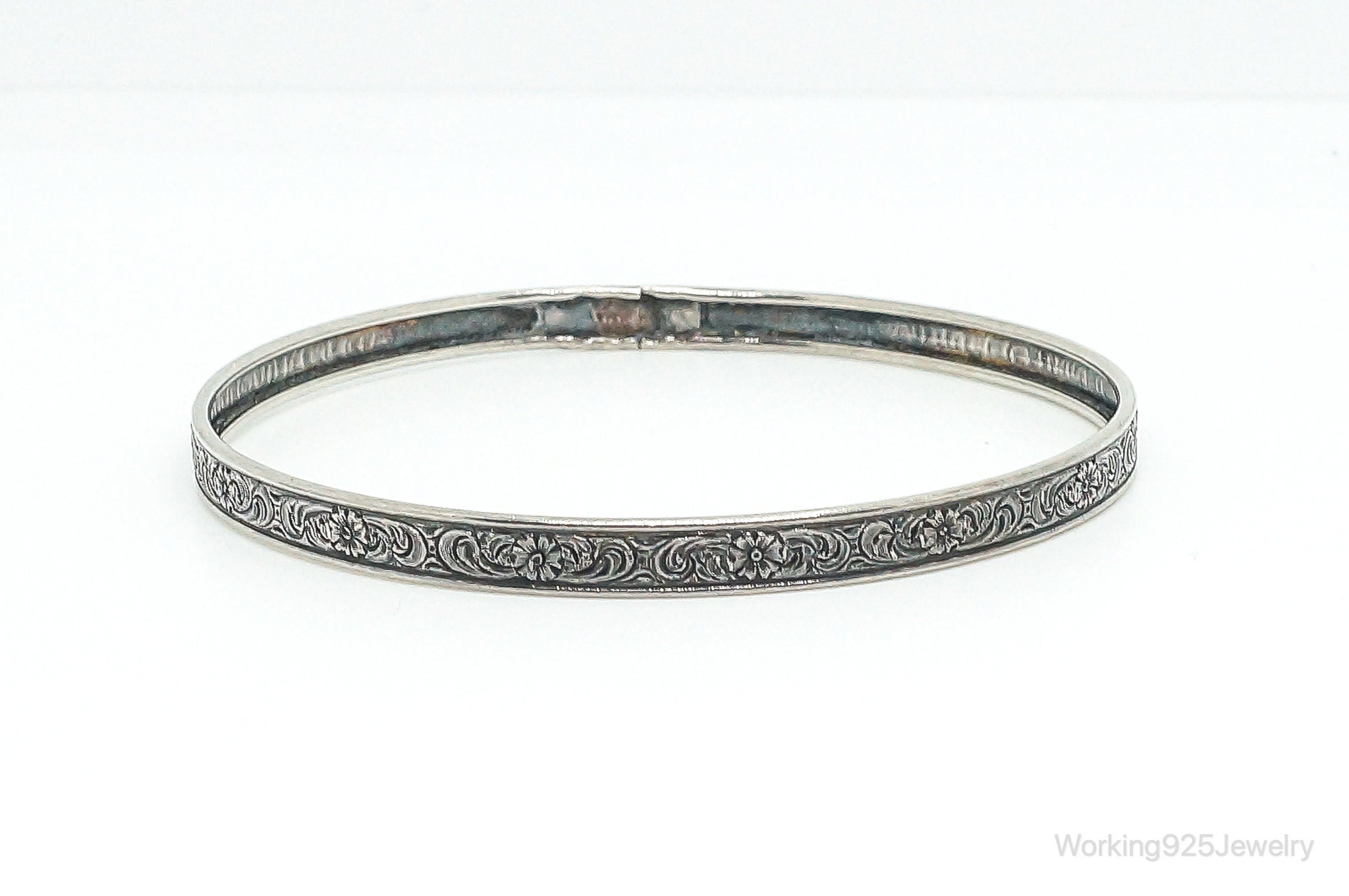 Antique Floral Pattern Sterling Silver Bangle Bracelet