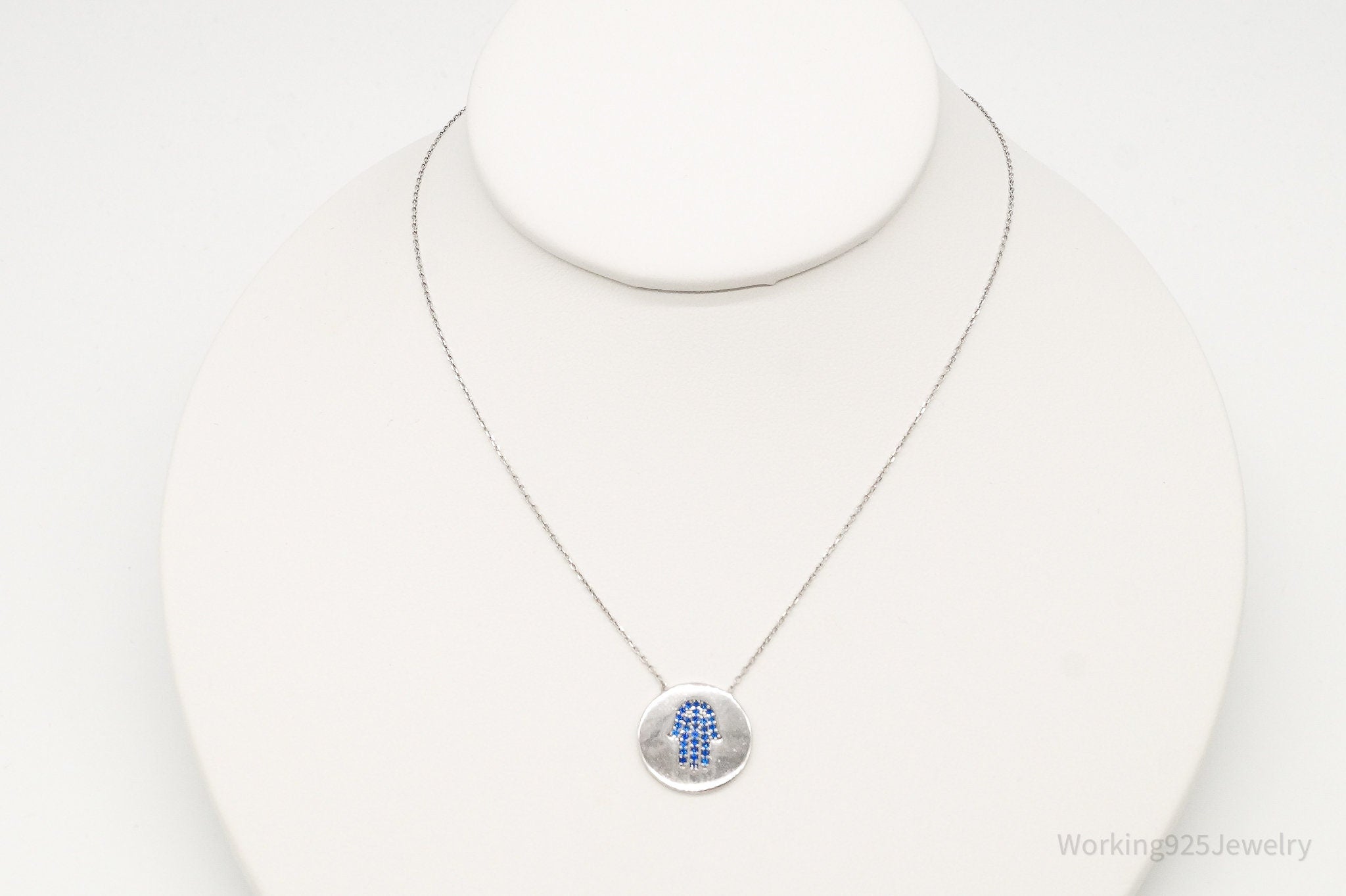 Vintage Blue Cubic Zirconia Hamsa Hand Sterling Silver Necklace