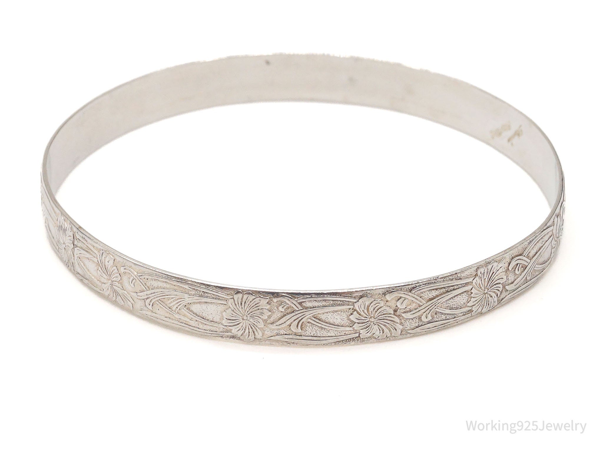 Antique Crocus Flower Art Nouveau Sterling Silver Bangle Bracelet