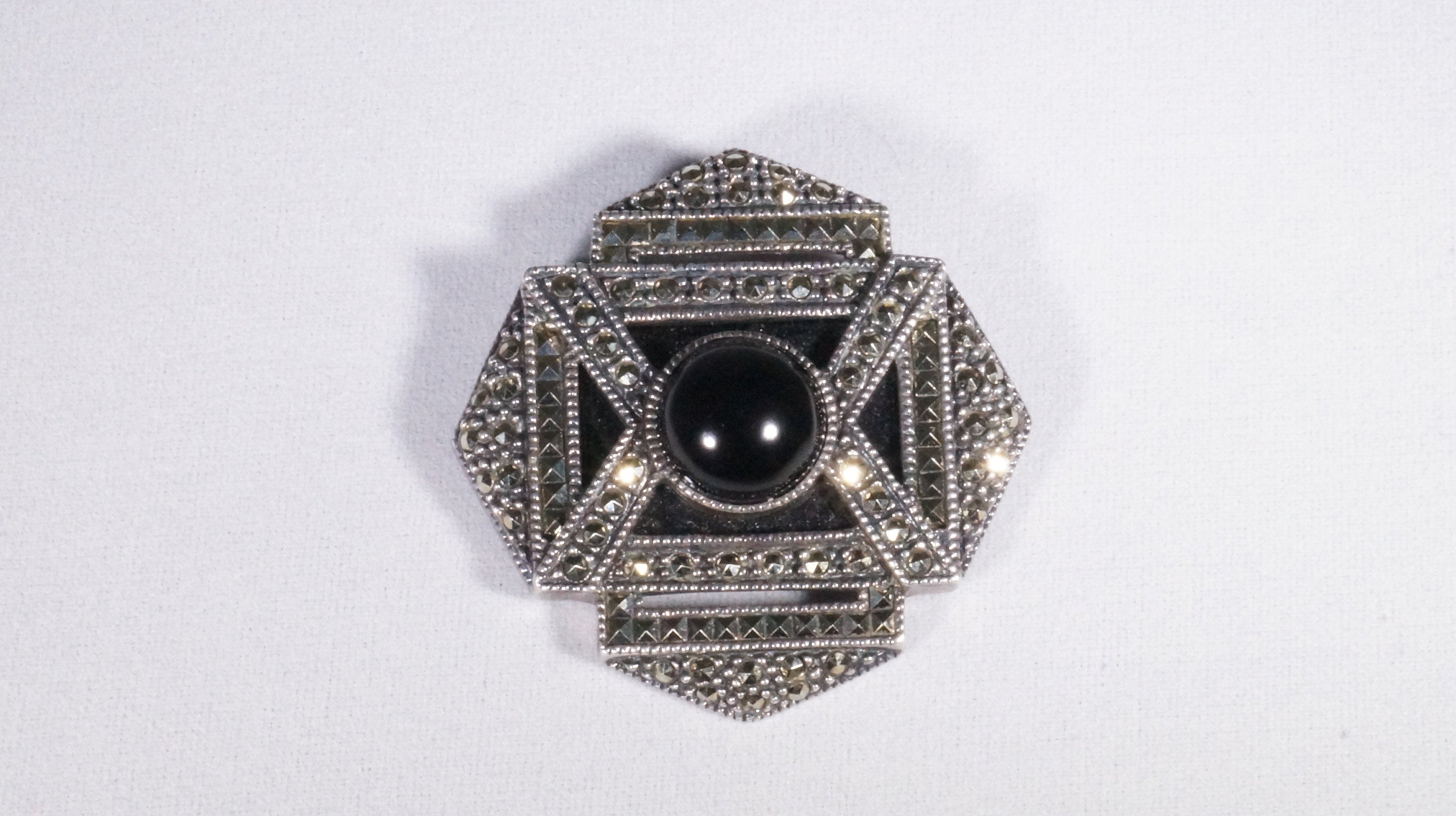 Vintage Designer Judith Jack Black Onyx Marcasite Sterling Silver Pin Brooch -