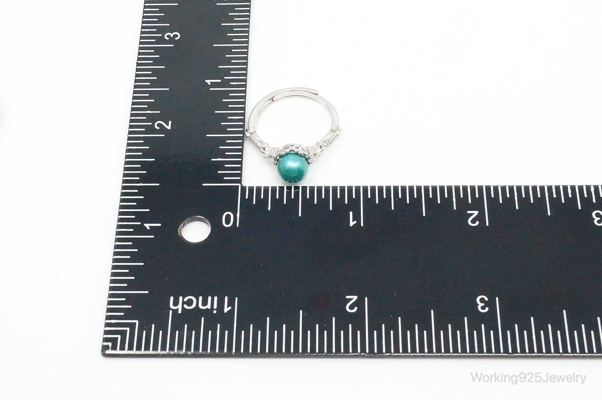 Lab Turquoise Pearl Cubic Zirconia Sterling Silver Ring Size - 6.25 Adjustable