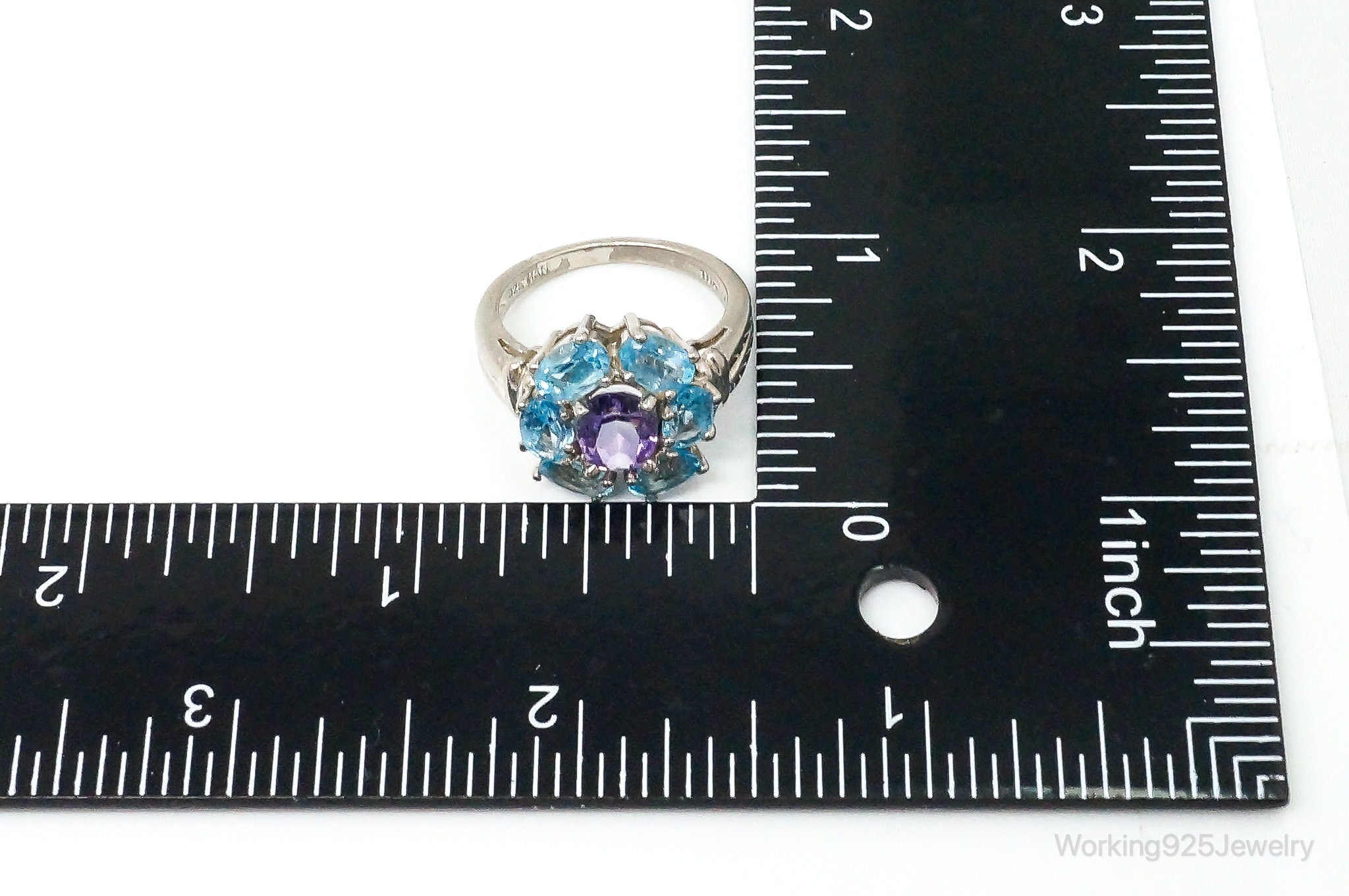 Vintage Blue Topaz Purple Amethyst Sterling Silver Cluster Ring Size 7.25