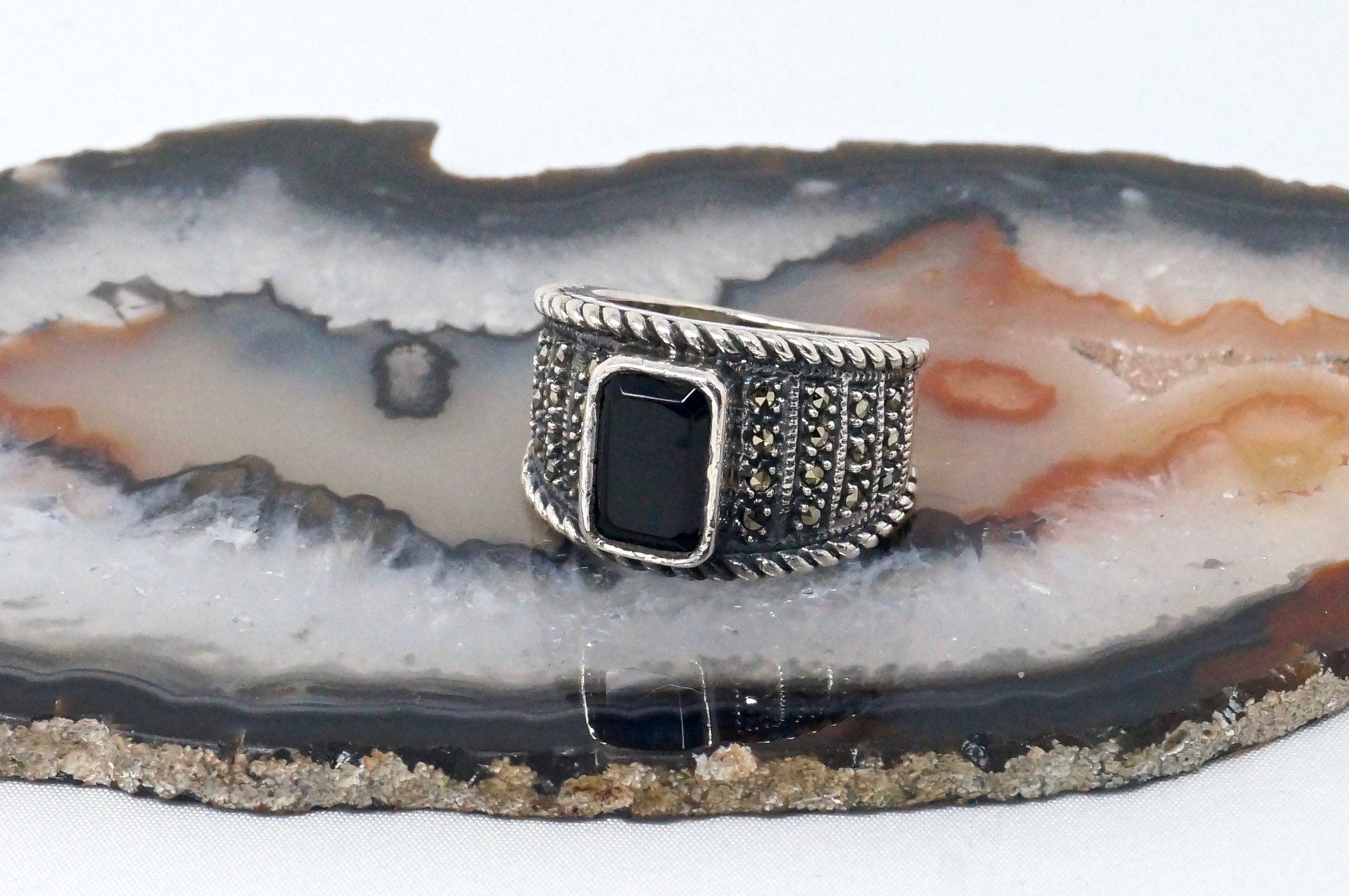 Vintage Polished Onyx, Sterling Silver, selling and Marcasite Brooch by Judith Jack